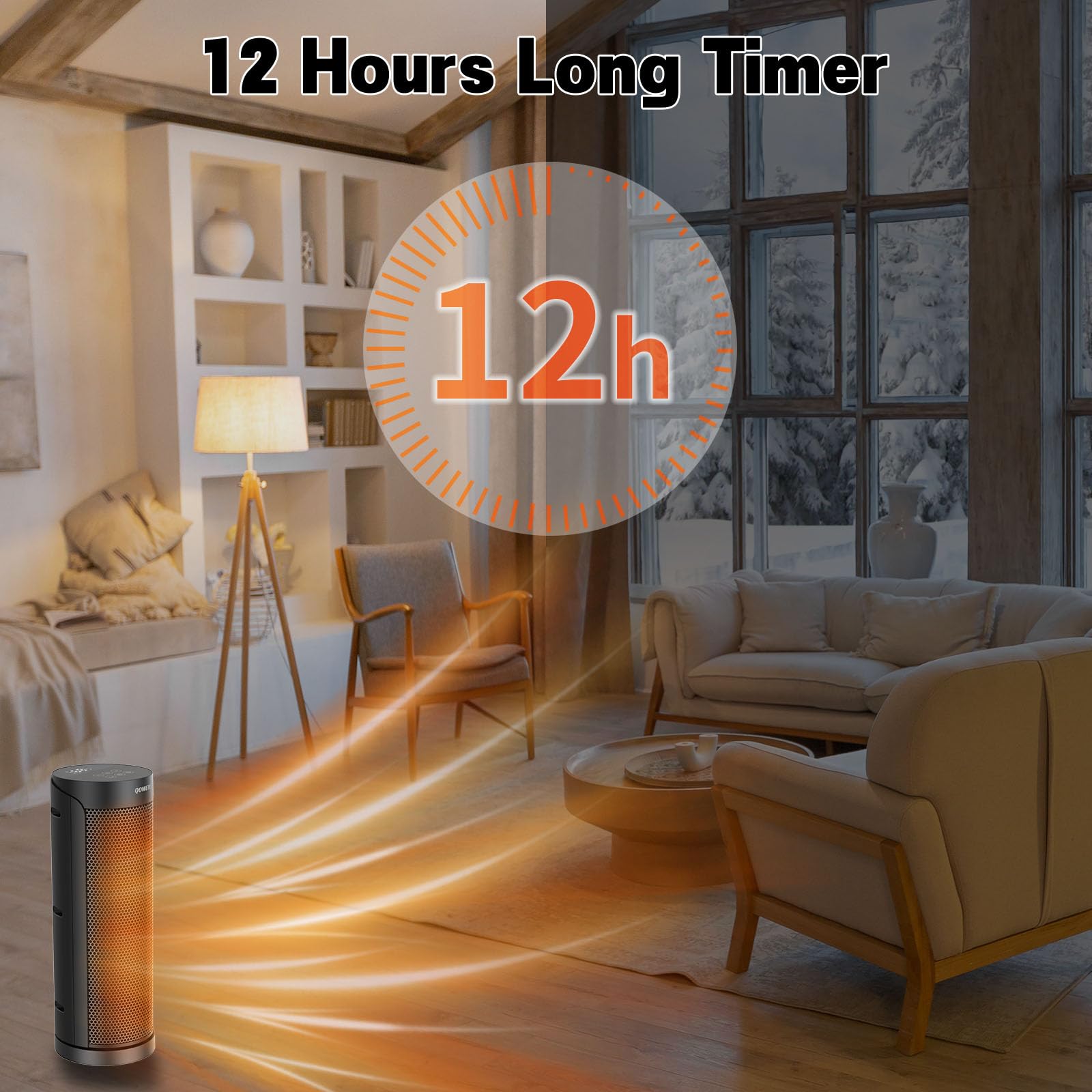 QOWETU 1500W Portable Space Heater with Remote - 70° Oscillating Ceramic Heater for Home, 17 Inch Quiet PTC Heating with Thermostat & 12H Timer | Fast Safety Heat for Bedroom, Office & Indoor Use | Perfect for Winter Warmth & Energy Saving