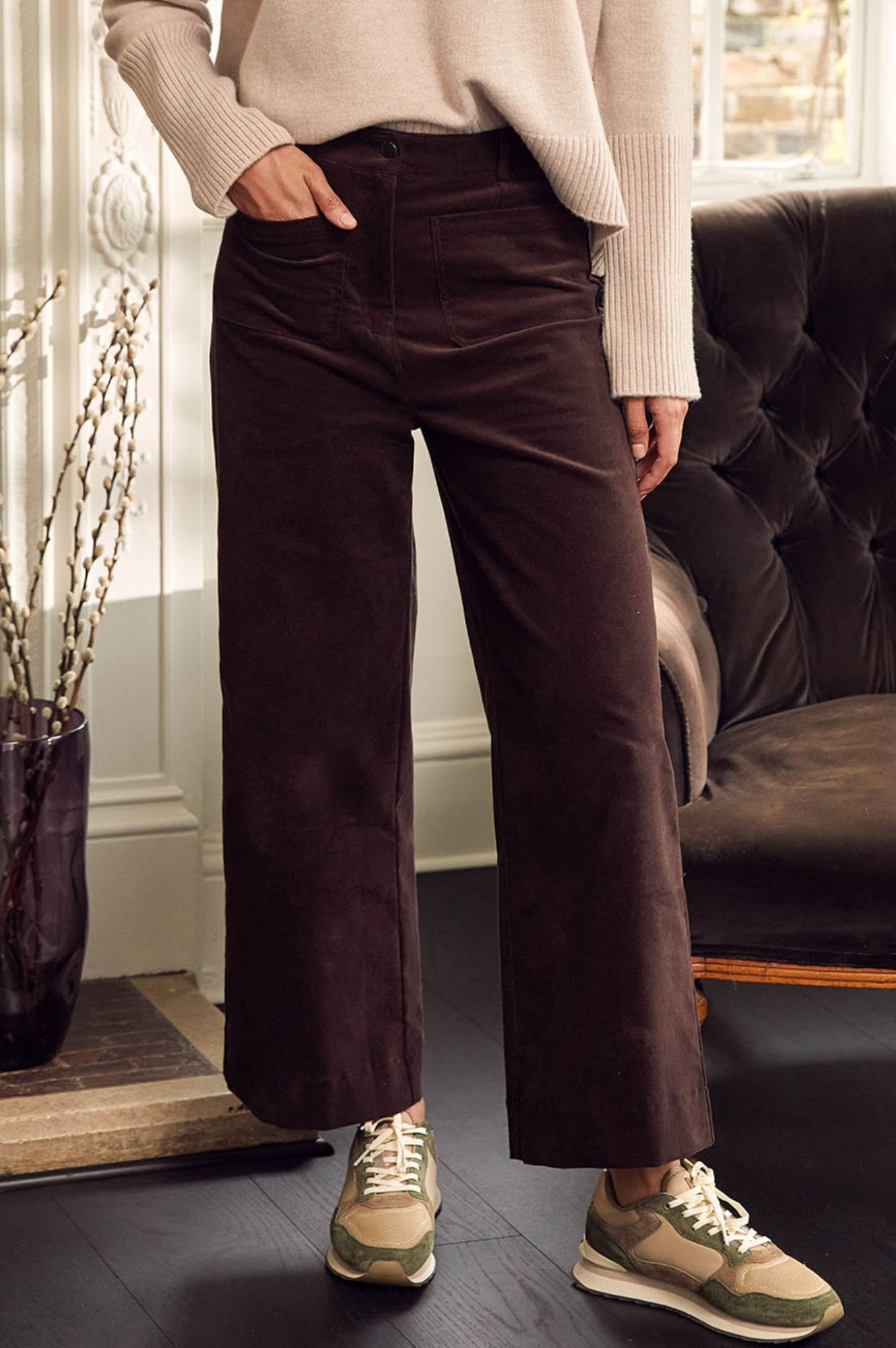 Kendal Cropped Stretch Corduroy Pants for Women | High Waisted Comfortable Corduroy Trousers in Chocolate Brown | Perfect for Casual Outfits, Office Wear & Fall Fashion