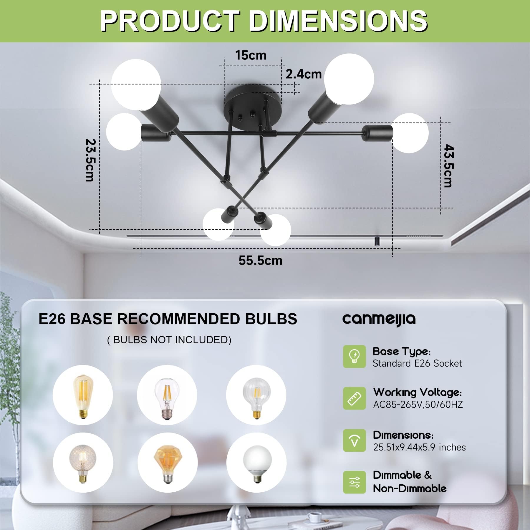 Modern Sputnik Chandelier Ceiling Light Fixture - 6-Light Black Mid Century Design with E26 Base (Bulbs Not Included) - Perfect for Bedroom, Dining Room, Living Room & Kitchen Lighting Decor