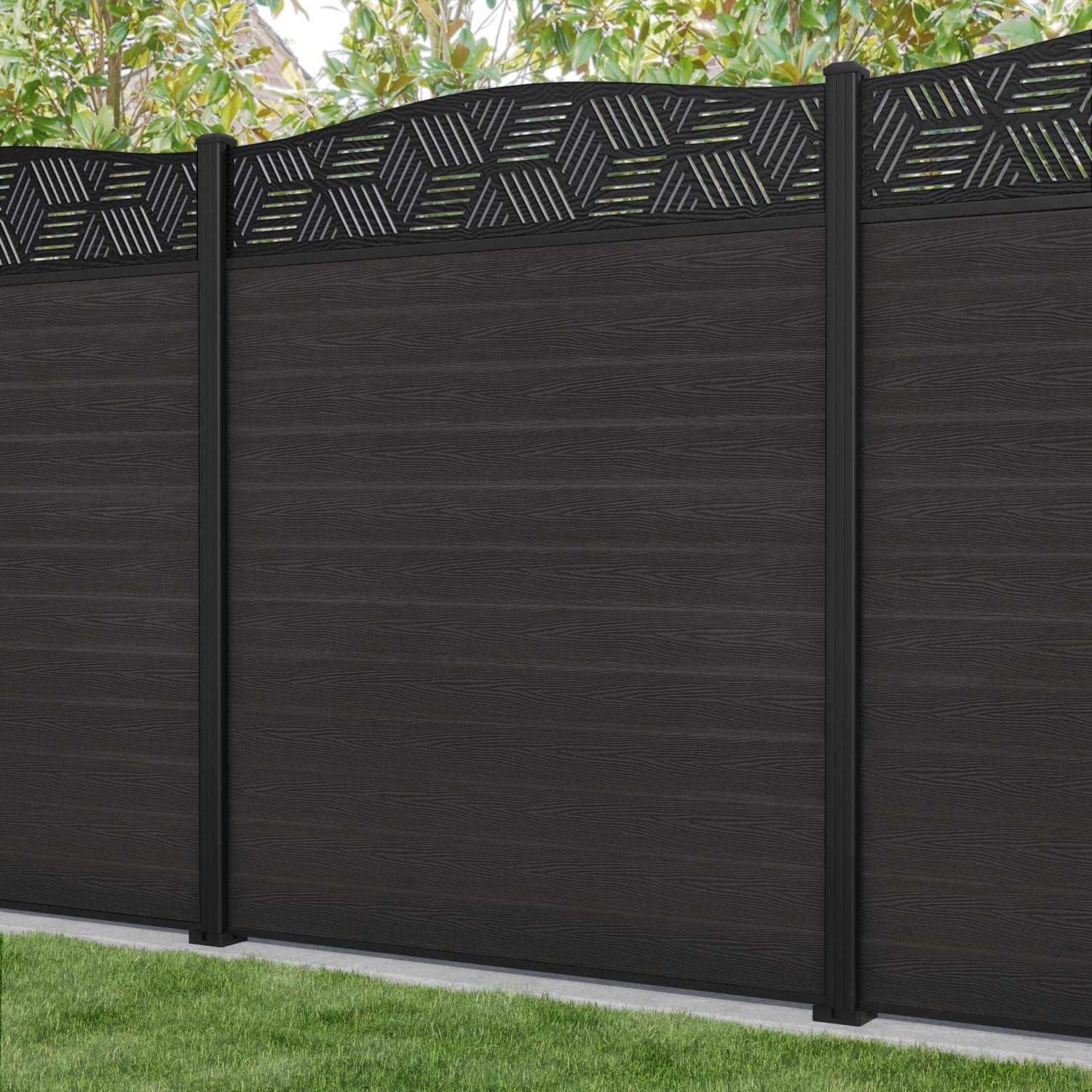 Classic Cubed Curved Top Fence Panel - Dark Oak Wood with Aluminum Posts | Privacy Fencing for Backyard, Garden & Outdoor Decor