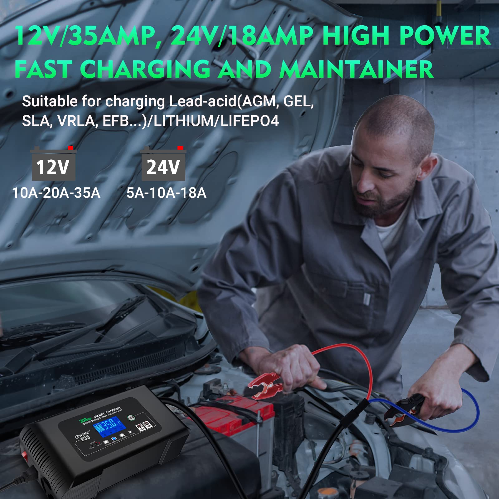 35-Amp Smart Car Battery Charger & Maintainer - 12V35A/24V18A, 14.6V/29.2V for Lithium, LiFePO4, Lead-Acid AGM/Gel/SLA Batteries - Portable Deep Cycle Charger with Desulfator - Perfect for RVs, Boats, Motorcycles & Seasonal Vehicle Storage