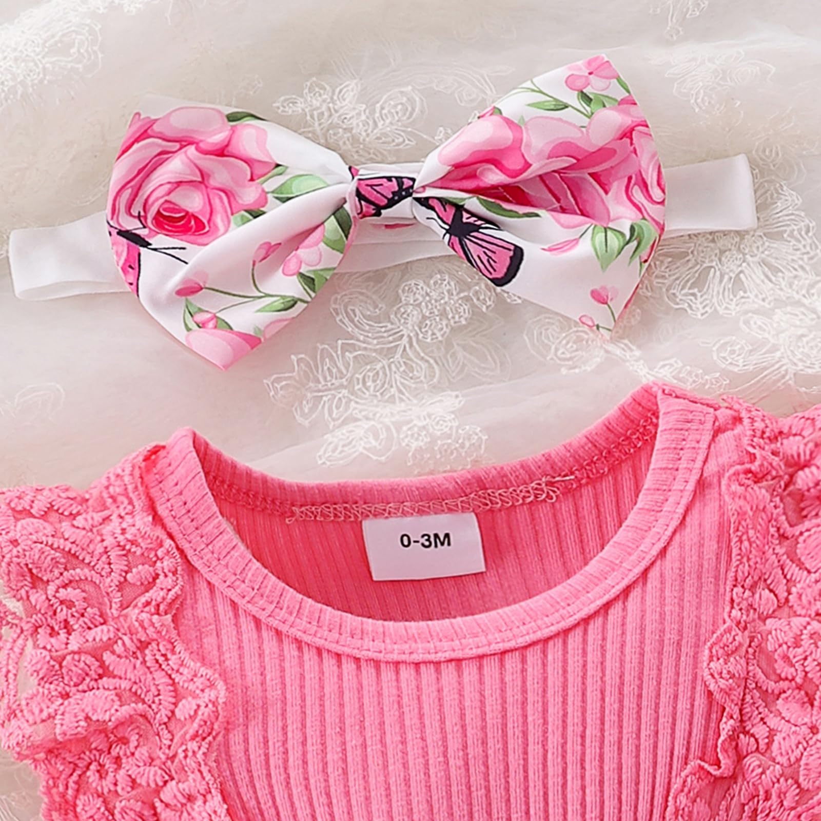 Baby Girl Romper Dress 0-12 Months | Newborn Lace Ruffle Sleeveless Summer Outfit with Headband | Perfect for Photoshoots, Parties & Outdoor Play
