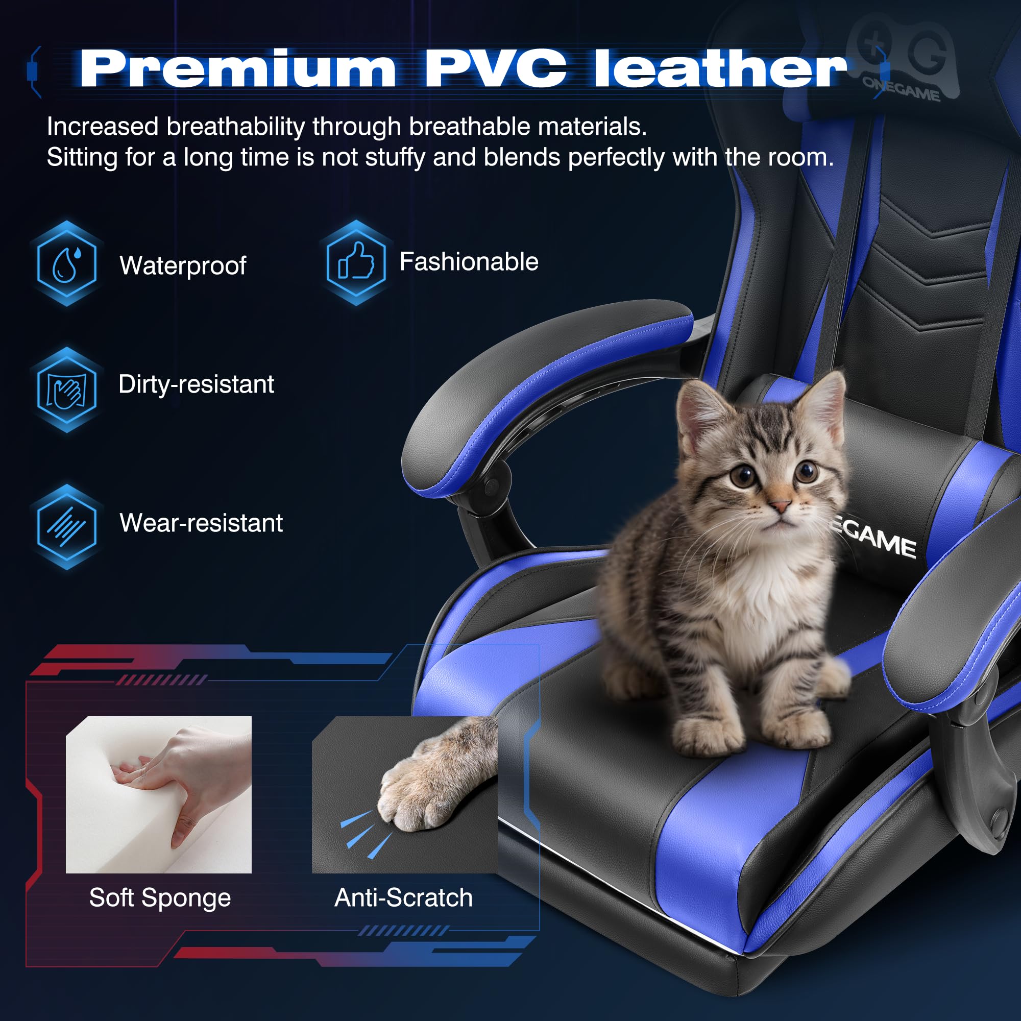 OneGame Ergonomic Gaming Chair with Footrest - High Back PU Leather Racing Style Computer Chair for Home Office - Adjustable Height Video Game Chair (Black/Blue) - Perfect for Esports, Streaming & Long Gaming Sessions