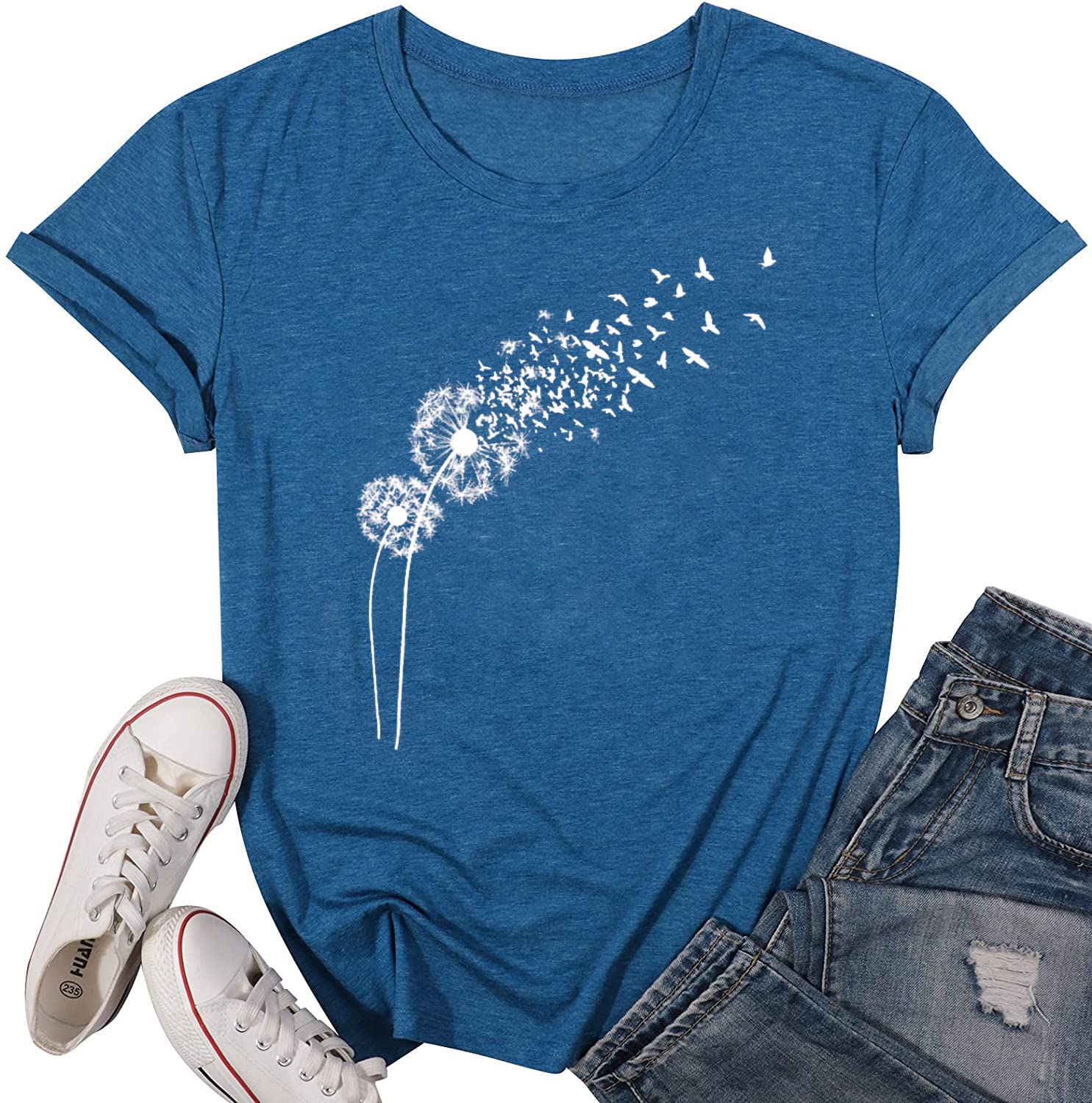 Dandelion Graphic T-Shirt for Women - Vintage Wildflower Make a Wish Funny Summer Short Sleeve Tee | Casual Outfit, Festival Wear, Gift Idea