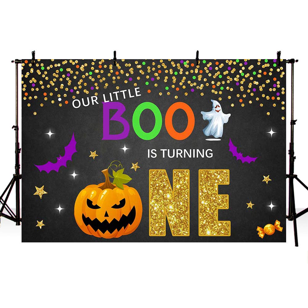 Happy 1st Birthday Halloween Thanksgiving Party Backdrop - 7x5ft Black Gold Purple Pumpkin Dots Photo Background Banner with Confetti for Cake Table Decorations | Perfect for Baby's First Birthday, Halloween Celebrations & Thanksgiving Party Decor