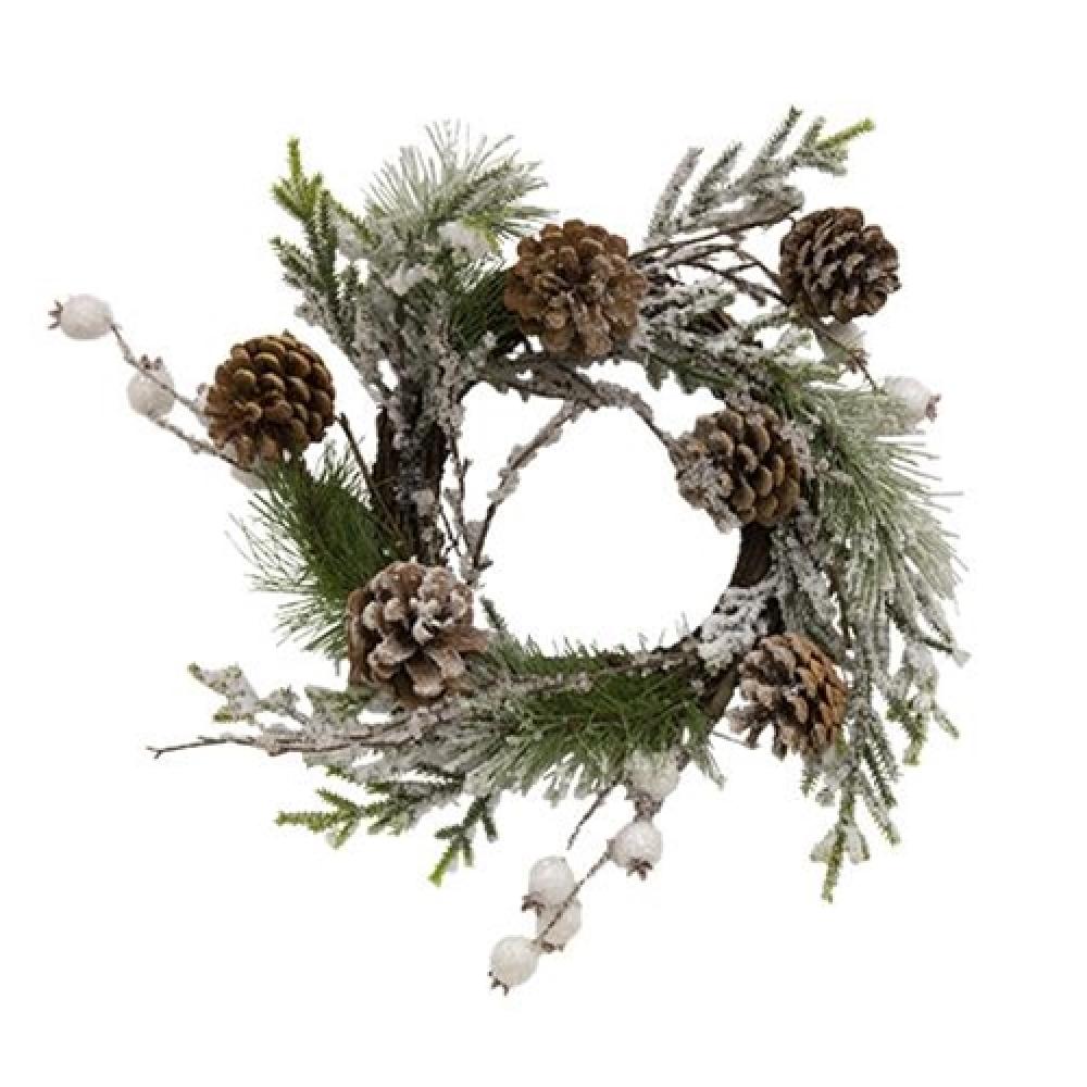 Flocked Berry Pine Wreath - Christmas Holiday Door Decor, Winter Floral Garland for Home, Front Porch, and Fireplace Mantel