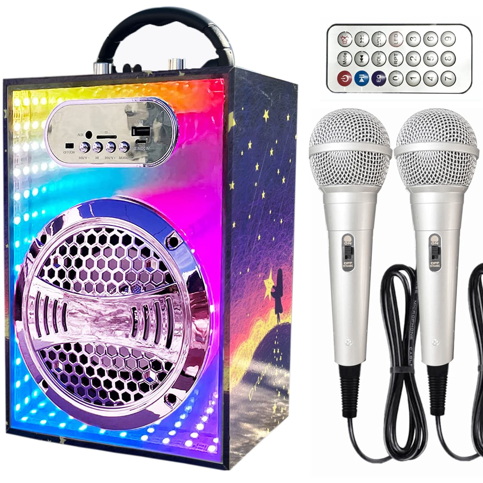 KaraMuizi Bluetooth Karaoke Machine with 2 Wireless Microphones - Portable Wooden Speaker with Mirror Surface & Dancing Lights for Kids & Adults - Perfect for Parties, Birthdays & Home Entertainment (Girl's Dream Gift)