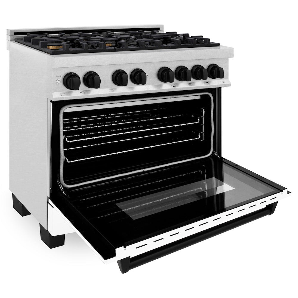 ZLINE Autograph Edition 36-inch Dual Fuel Range - 4.6 cu. ft. Capacity, 6-Burner Gas Cooktop & Electric Convection Oven - Satin Stainless Steel with White Matte Door & Black Accents (RASZ WM 36 MB) - Perfect for Modern Kitchens, Home Chefs & Gourmet Cooking