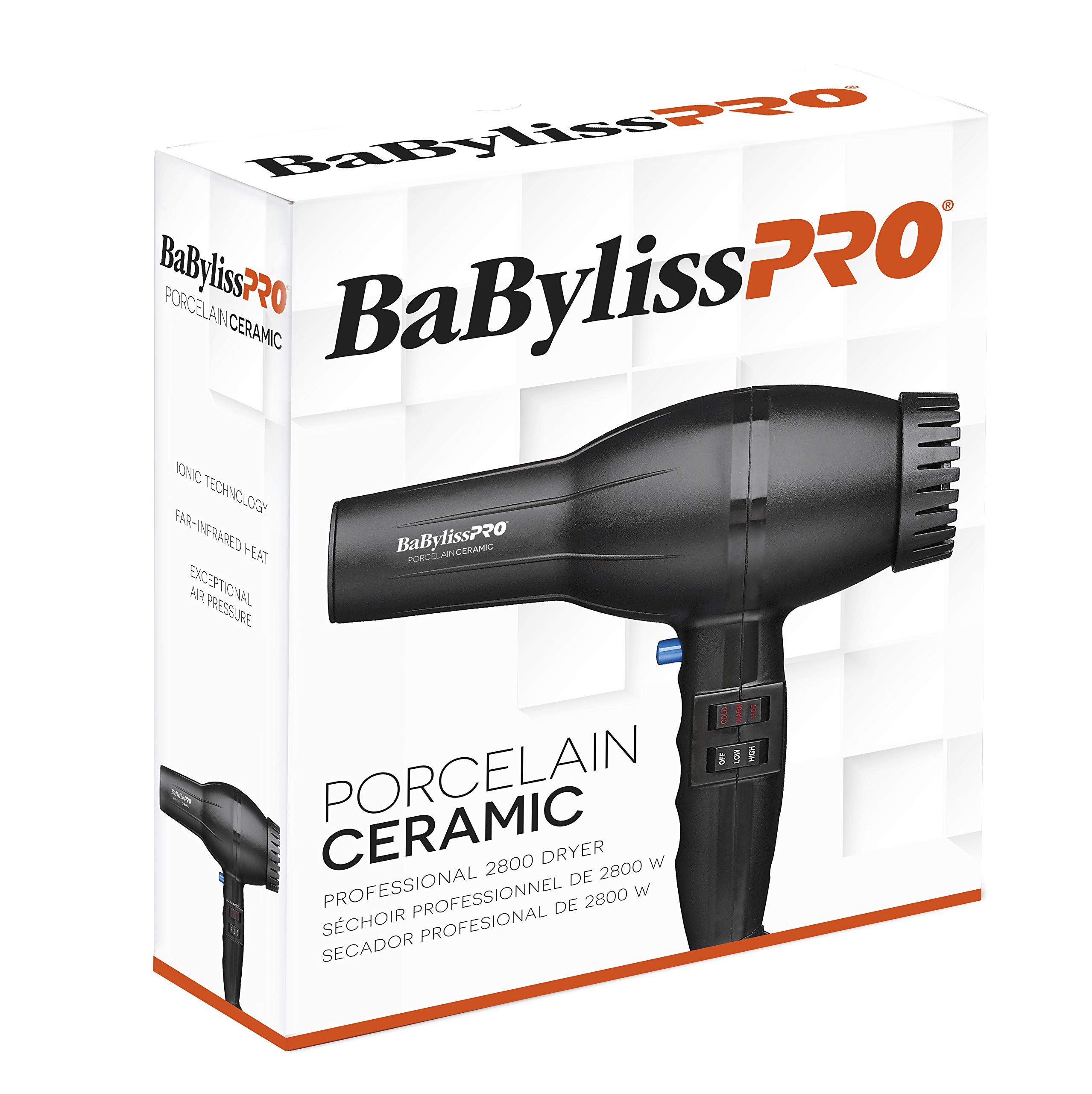BaBylissPRO Porcelain Ceramic 2800 Hair Dryer - Professional Salon Blow Dryer with Ionic Technology for Frizz-Free Shine (Black) - Perfect for Home & Salon Use, Travel & Styling