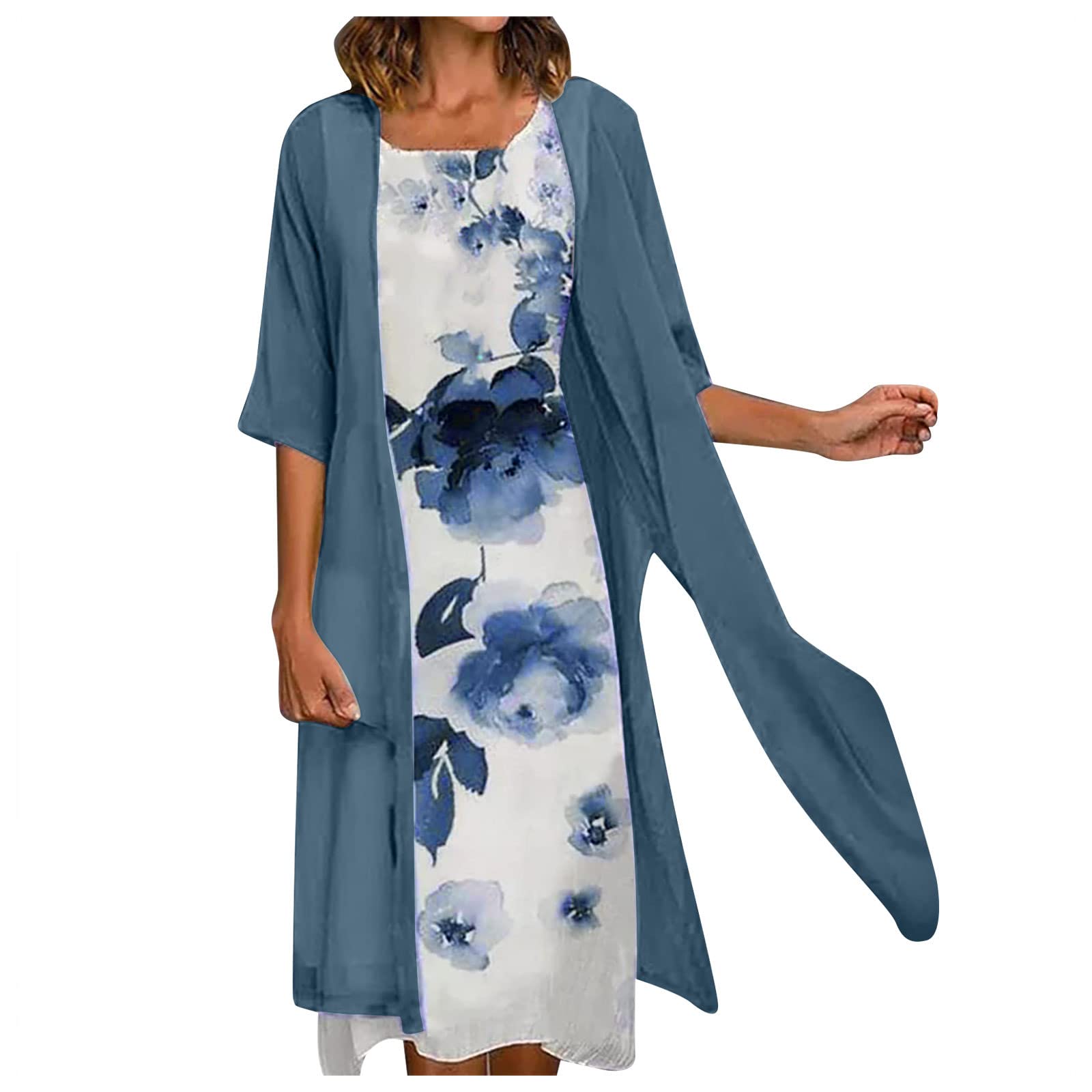 Plus Size Floral Chiffon Two Piece Dress for Women - Summer Sleeveless Crewneck Flowy Outfit - Perfect for Wedding Guest, Beach Vacation & Special Occasions
