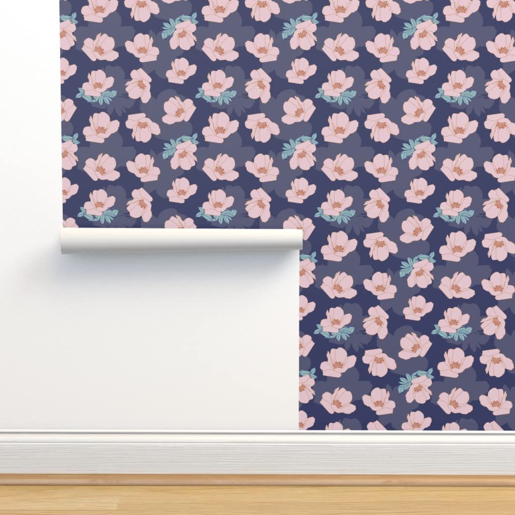 Peel & Stick Removable Wallpaper 12ft x 2ft - Pink Poppies Blush Floral Flowers Purple Feminine Home Decor | Self-Adhesive Wall Paper for Bedroom, Nursery, Living Room & Office