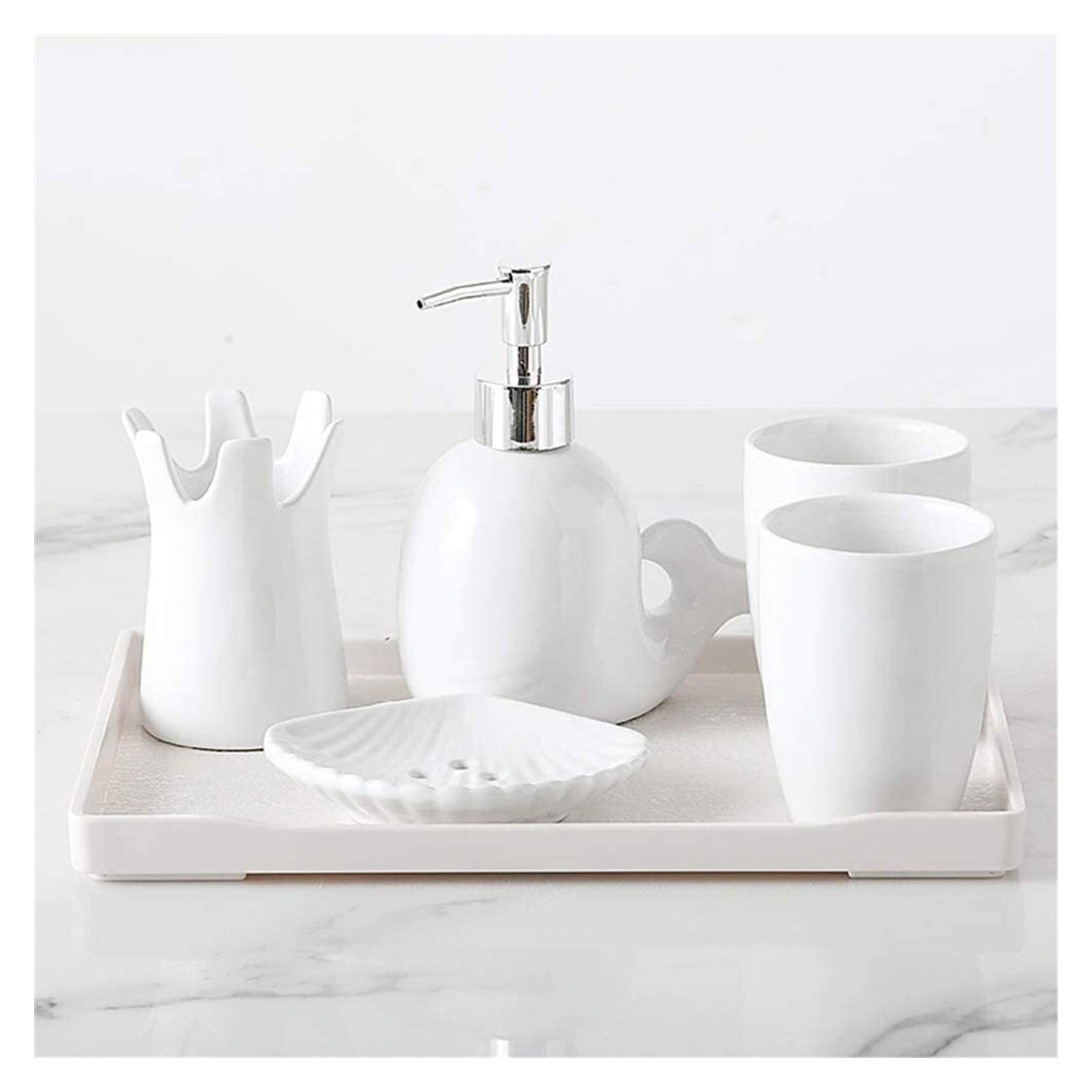 MUWIZ 5-Piece Ceramic Soap Dispenser Set - Hand Sanitizer Dispenser, Toothbrush Holder, Cup & Shell Soap Box - Elegant Dolphin-Themed Bathroom Decor for Home, Spa & Hotel Use