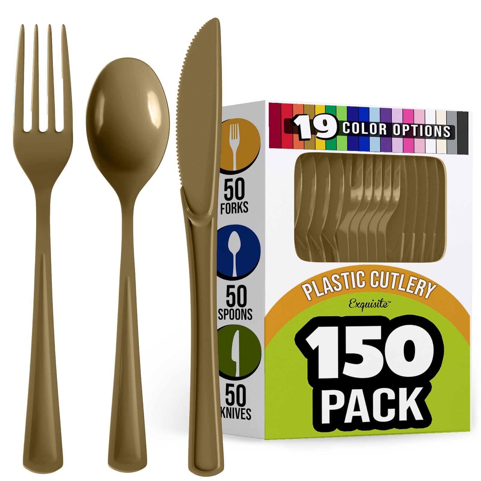 Premium 150-Piece Gold Plastic Cutlery Set - Heavy Duty Disposable Forks, Knives & Spoons (50 Each) - Elegant Flatware for Parties, Weddings, Catering & Events - BPA-Free Durable Utensils