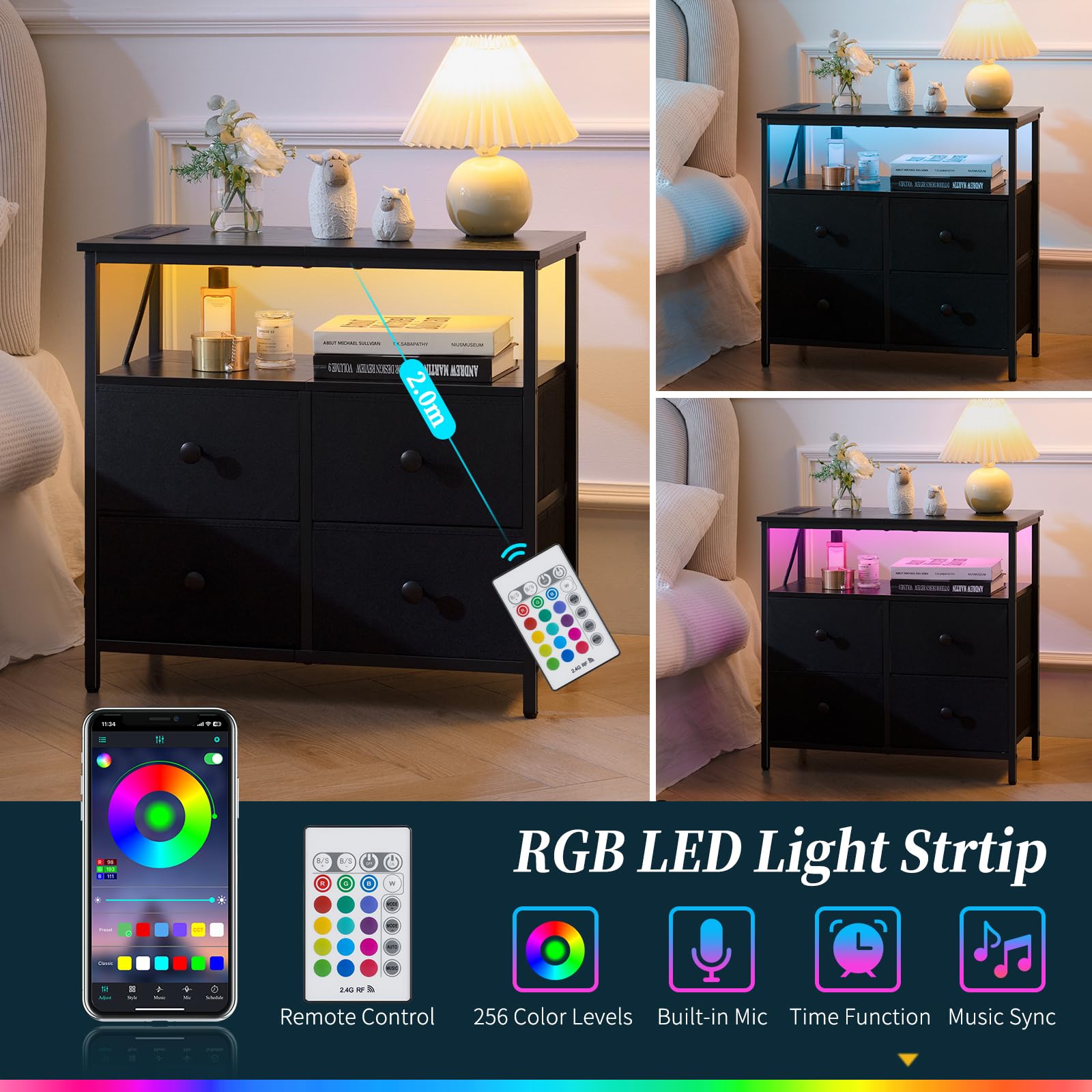 Yoobure Night Stand with USB Charging Station - 4 Drawer Bedside Table with LED Light & Storage Shelf - Wooden End Table for Bedroom, Living Room, Office (Black) | Perfect for Small Spaces, Apartment Furniture & Modern Home Decor