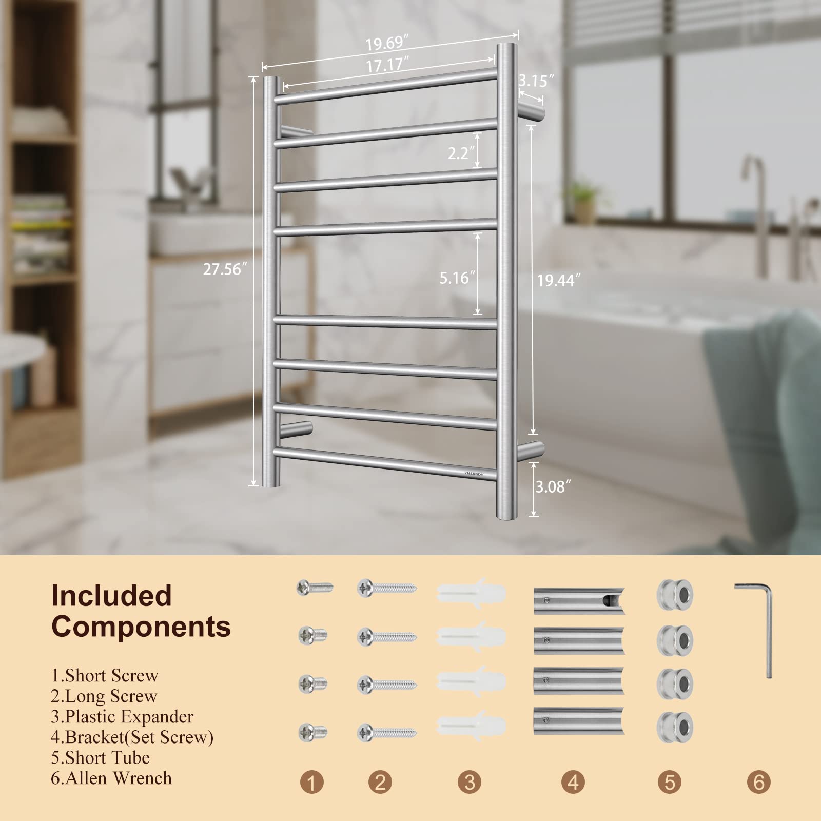 Brushed Nickel Electric Heated Towel Warmer - Wall Mounted Bathroom Towel Rack with 8 Stainless Steel Bars, 70W, 27.56x19.69x4.41 inches (ETW44-2) - Perfect for Spa, Luxury Bathrooms & Guest Room Towel Warming