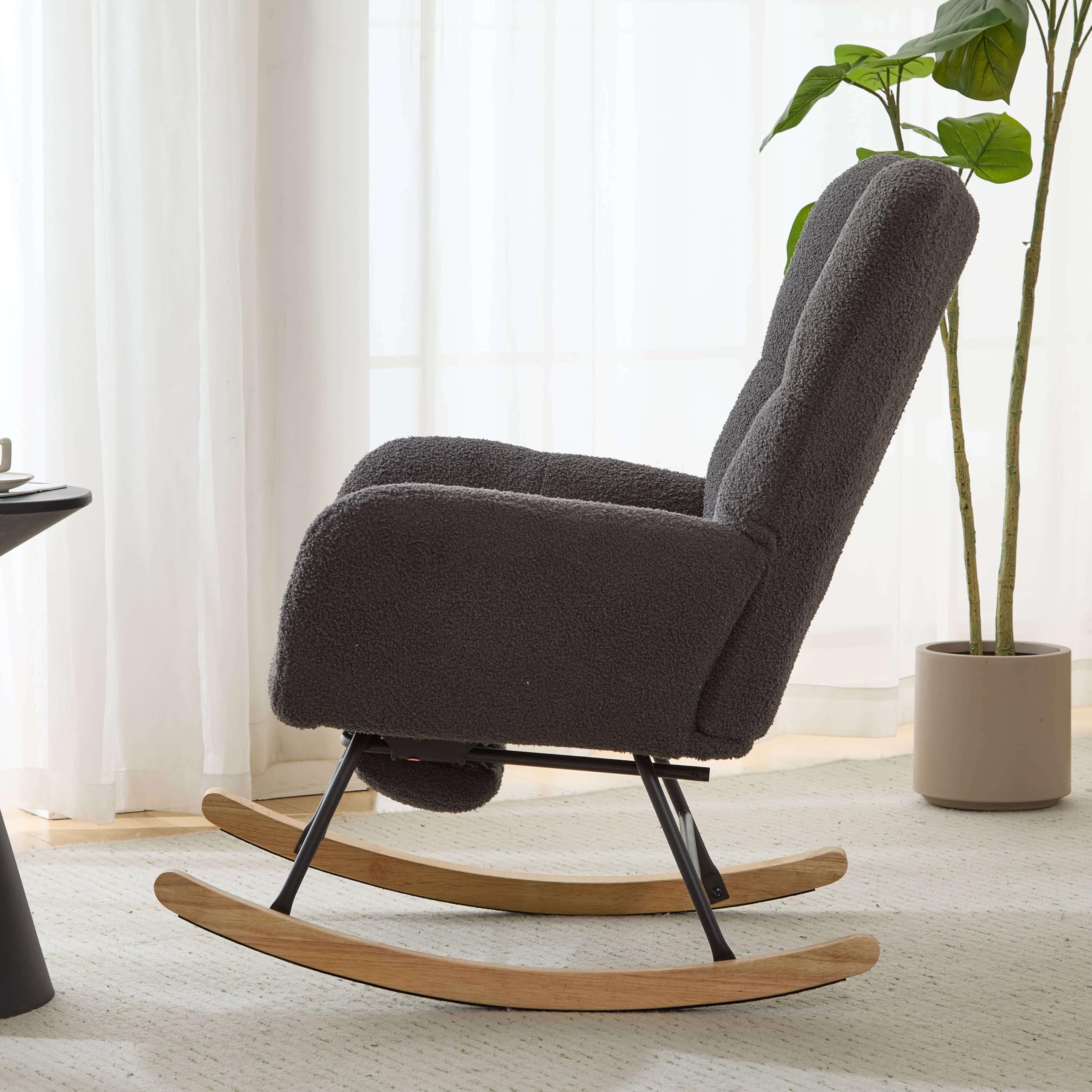 Comfy Teddy Upholstered Glider Rocking Chair with Footrest & High Backrest - Nursery Rocker with Side Pocket for Living Room, Bedroom, Office (Large Grey) | Perfect for Nursing, Reading & Relaxing
