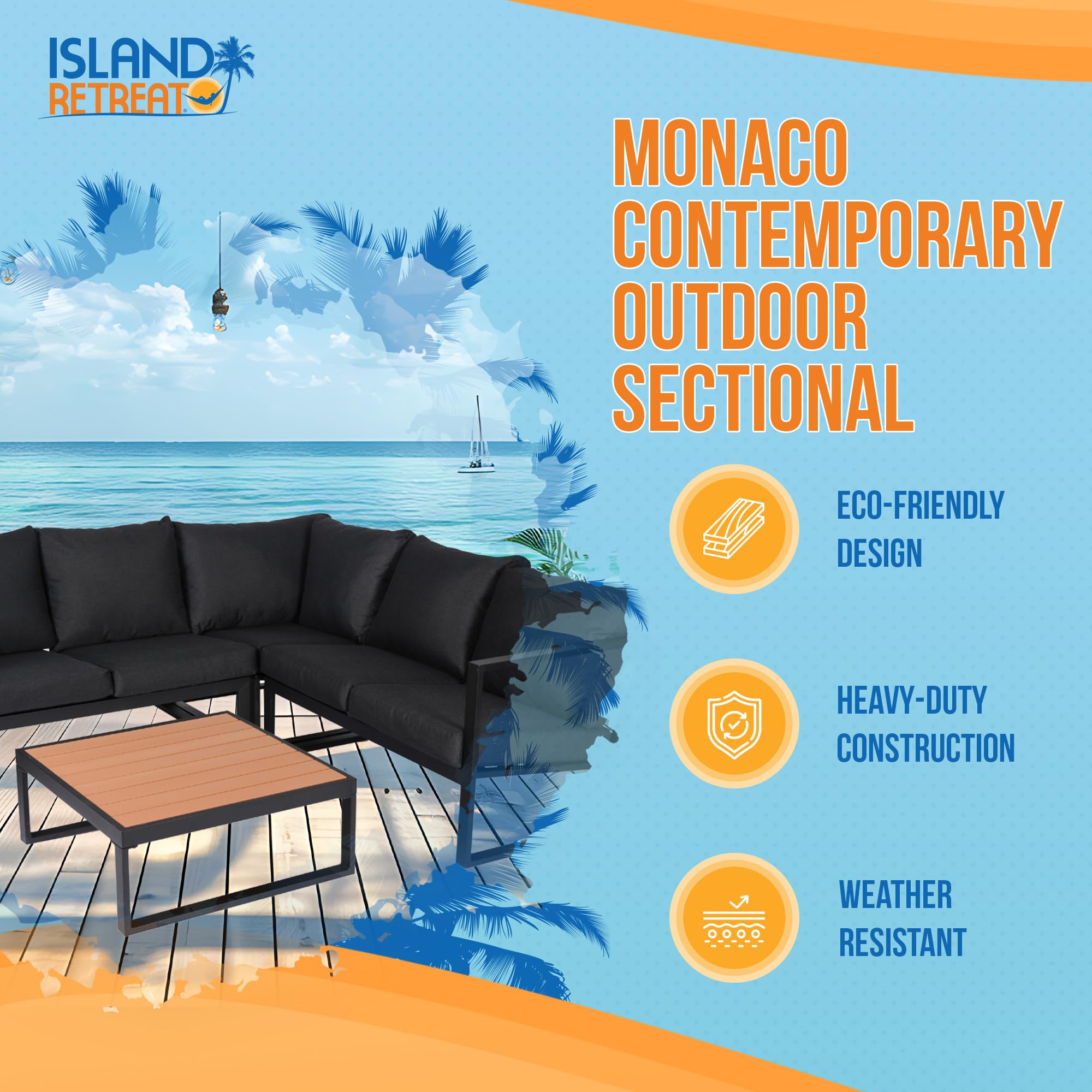 Monaco Outdoor Patio Sectional Furniture Set – 2 Loveseats, 1 Corner Sofa with Cushions & Coffee Table – Weatherproof Powder-Coated Aluminum Frame – Modern Slate Grey Outdoor Sectional – Perfect for Poolside, Garden or Backyard Relaxation
