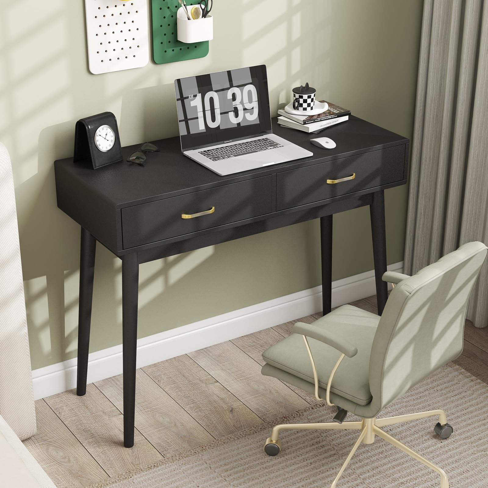 40 Inch Small Desk with Drawers - Modern Home Office Study Writing Desk for Bedroom, Black Computer Desk with 4 Solid Legs, Space-Saving Vanity Desk for Small Spaces | Perfect for Home Office, Dorm Room & Apartment Workspace