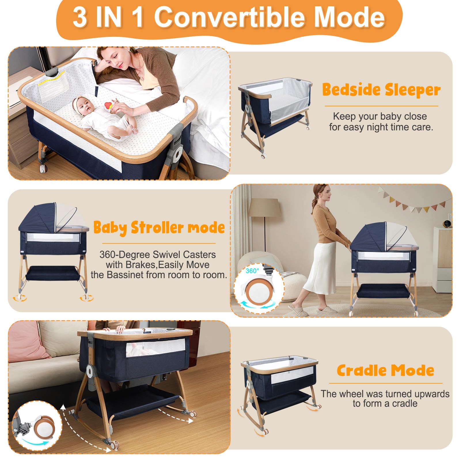 3-in-1 Adjustable Baby Bassinet Bedside Sleeper with Breathable Mesh, Comfortable Mattress & Wheels - Portable Folding Crib for Newborns, 6 Height Settings, Easy Assembly - Perfect for Nursery, Bedroom Co-Sleeping & Travel