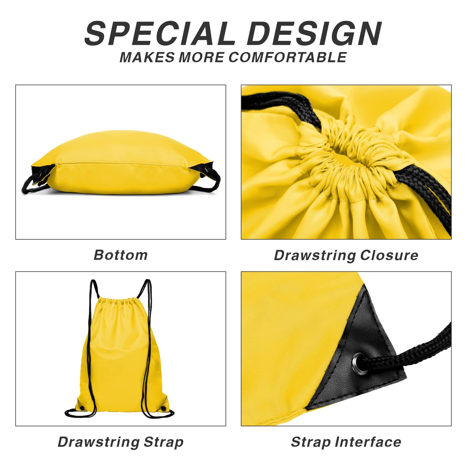210D Nylon Drawstring Backpack with Zipper Side Pocket - Foldable Lightweight Sports Gym Tote Bag for Men & Women (Yellow) - Perfect for Workouts, Travel, and Outdoor Activities