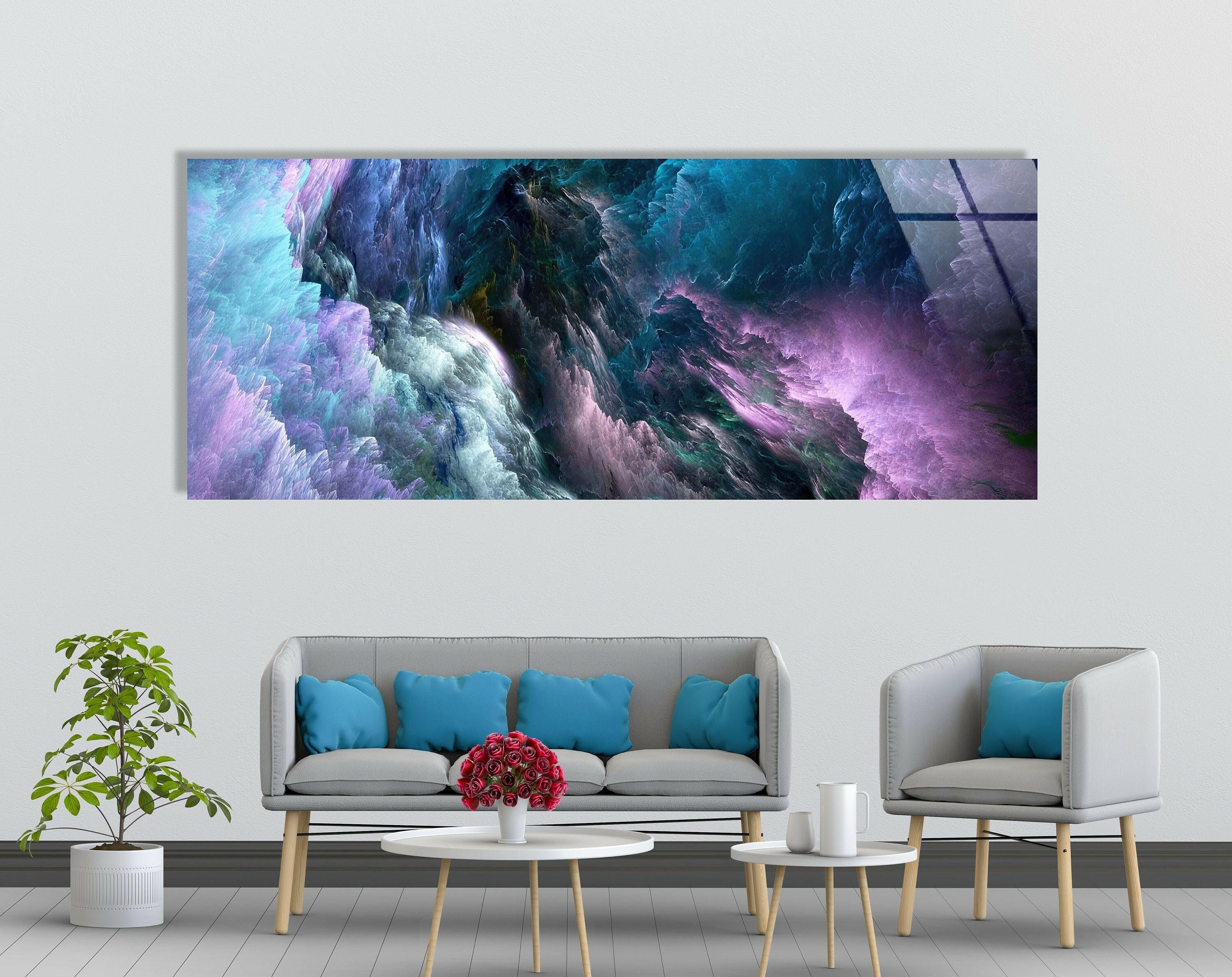 Blue Purple Clouds Abstract Glass Wall Art - Modern Handmade Glass Painting for Home & Office Decor - Perfect for Living Room, Bedroom, or Office Wall Decor