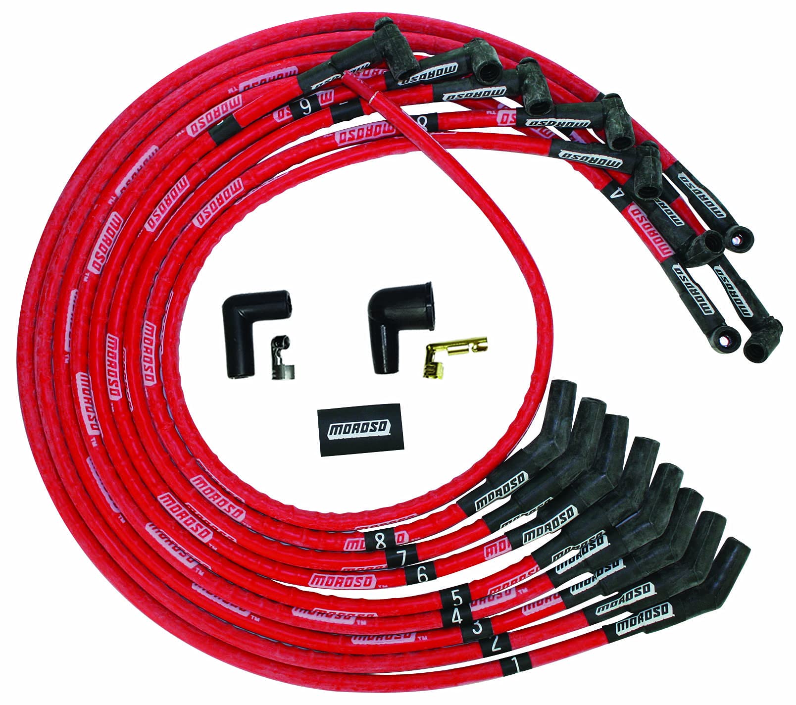 Moroso 52530 Ultra Series Sleeved Red Spark Plug Wires - Compatible with Small Block Chevy, Under Header Routing, 135 Degree Plug Ends, HEI Distributor - High Performance Ignition Upgrade for Racing & Street Cars