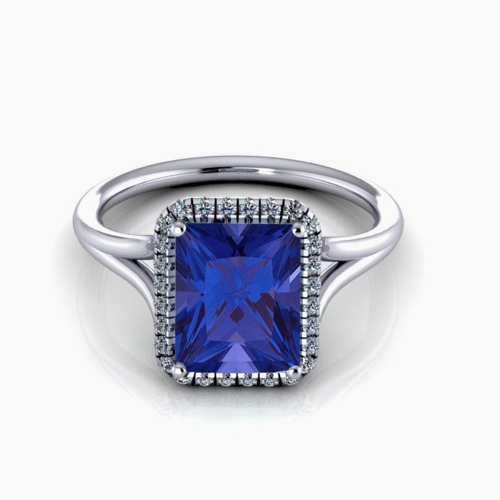 2.00 Carat Emerald Cut Sapphire & Moissanite Diamond Halo Engagement Ring Set in 10K White Gold | Wedding, Anniversary, Promise Ring Gift for Her