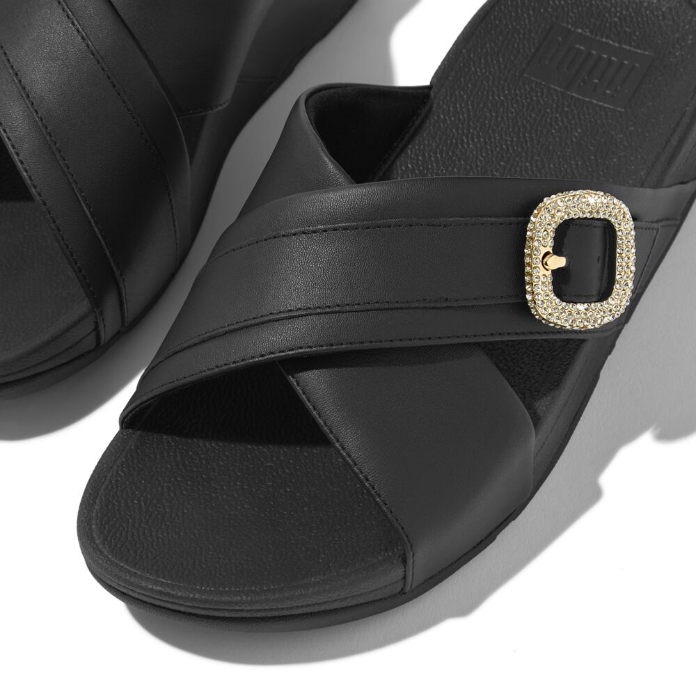 FitFlop Lulu Crystal Buckle Leather Cross Slides Sandals for Women - Comfortable Orthopedic Black Sandals for Walking, Travel & Summer Outfits