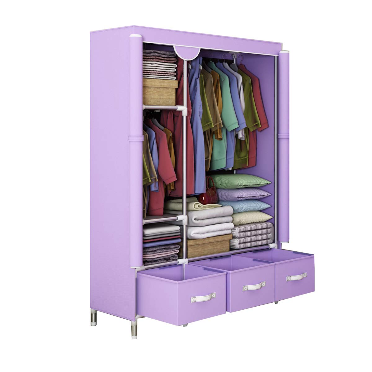 BYCDD Portable Cloth Wardrobe with Drawer - 19mm Steel Pipe Closet Organizer, Purple Garment Storage Shelf (90x45x170cm) - Perfect for Bedroom, Dorm, Apartment & Small Space Organization