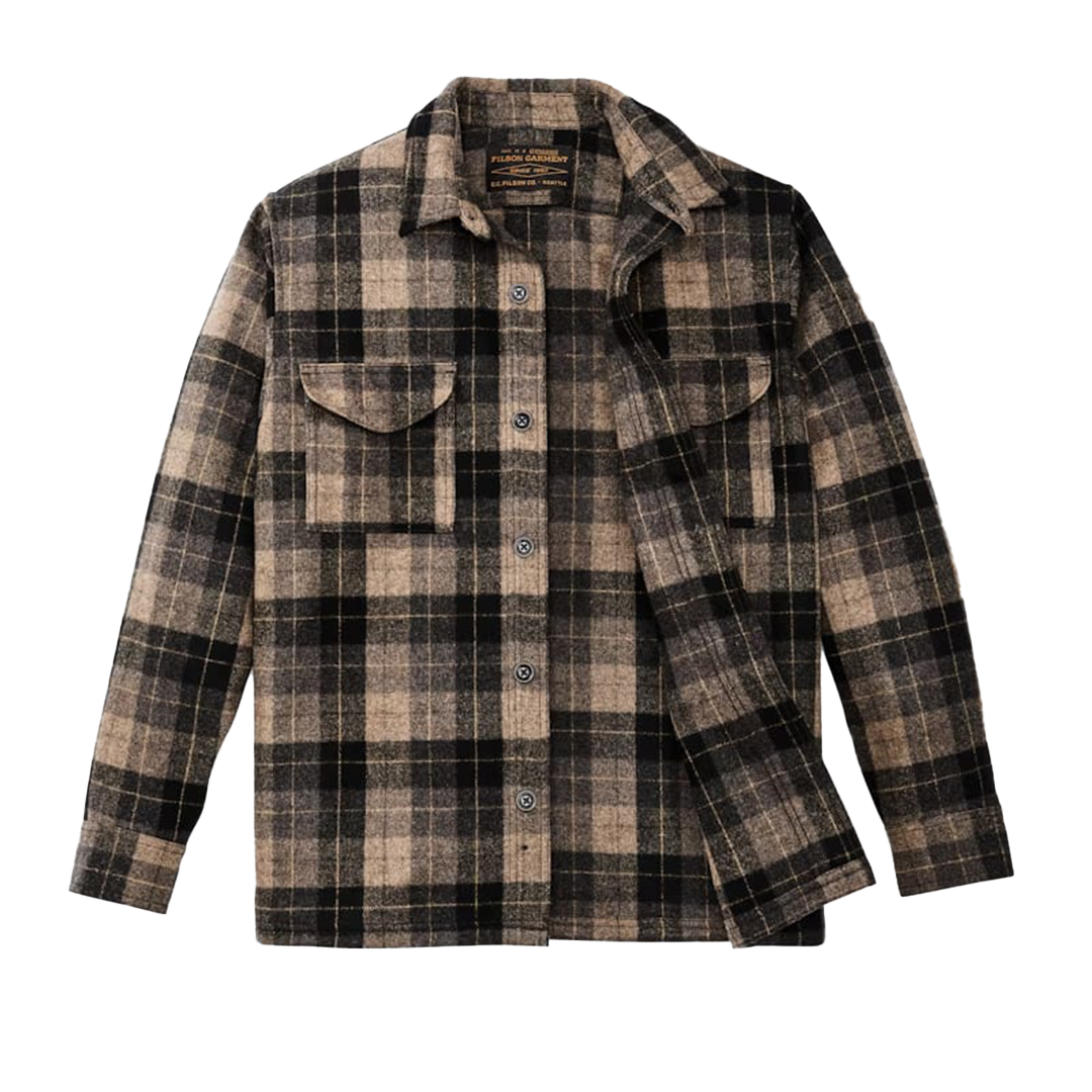 Filson Wool Jac Shirt for Men - Warm Oat Brown Heather Plaid Flannel Shirt for Outdoor Camping & Winter Hiking