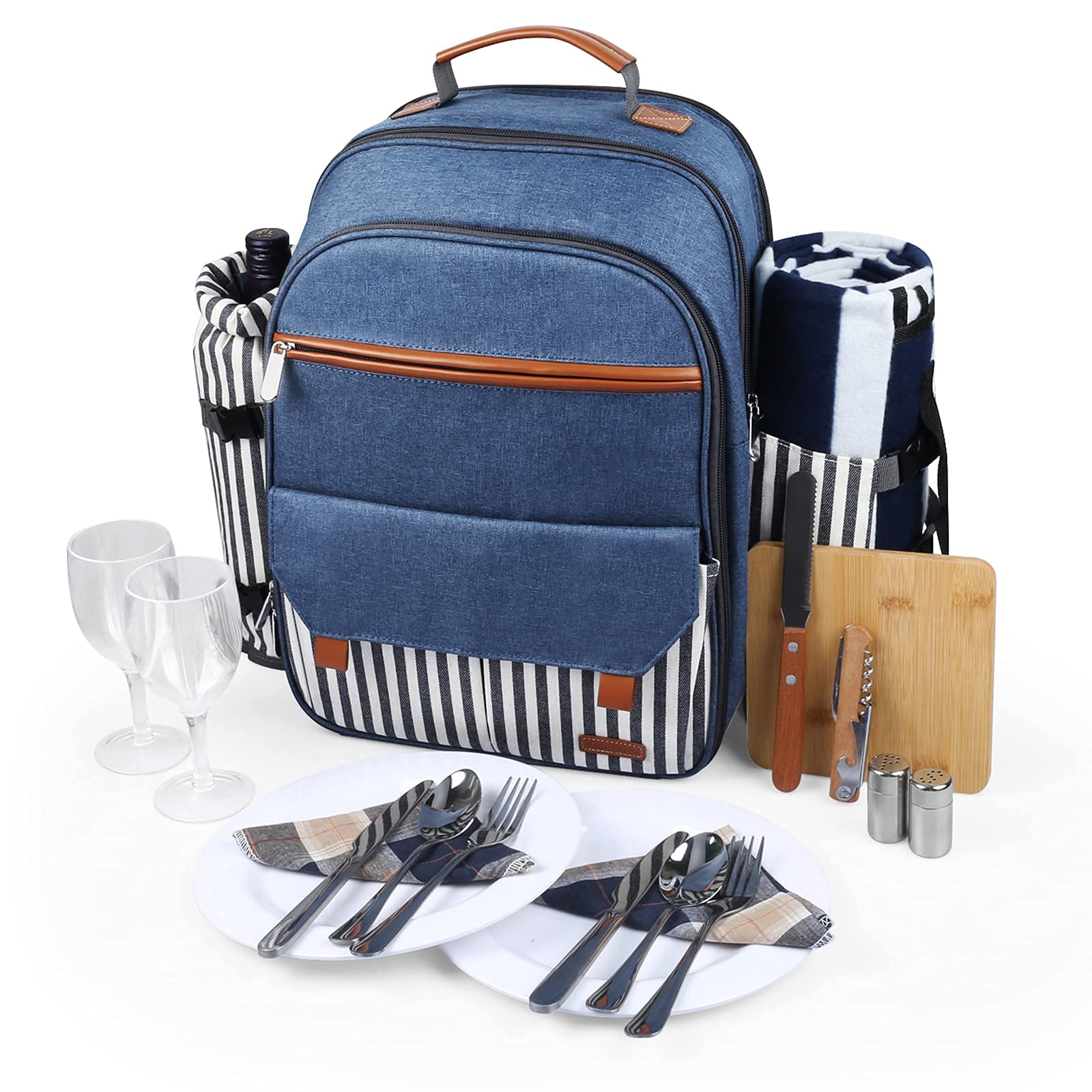 Sunflora 4-Person Insulated Picnic Backpack with Cooler Compartment - Navy & Blue Stripe Outdoor Picnic Set for Beach, Camping, Hiking & Family Gatherings