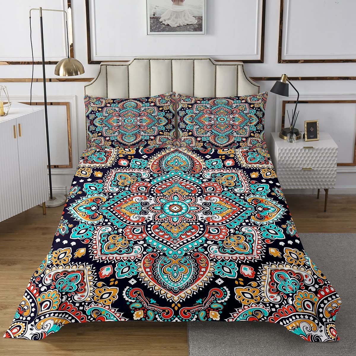 Bohemian Mandala Floral Quilt Set - King Size Colorful Kaleidoscope Bedspread with 2 Pillowcases, Soft Polyester Quilted Coverlet for Adult & Kids Bedroom Decor - Perfect for Christmas Gifts, Boho Home Decor & Cozy Bedroom Makeover