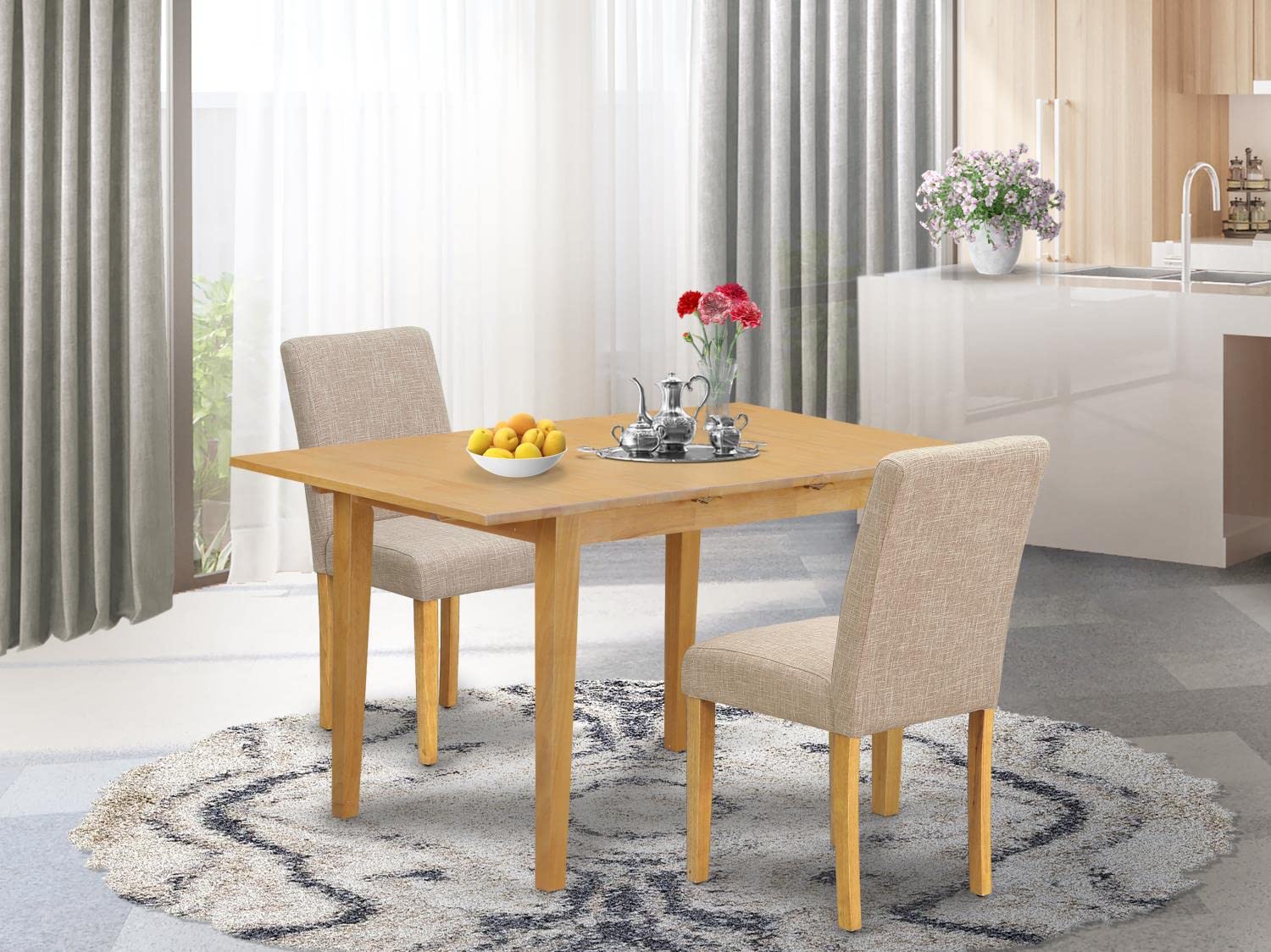 East West Furniture NOAB3-OAK-04 3-Piece Kitchen Dining Set - 32x54 Inch Oak Rectangle Table with Butterfly Leaf & 2 Light Tan Linen Upholstered Chairs - Perfect for Small Spaces, Breakfast Nooks & Cozy Family Meals