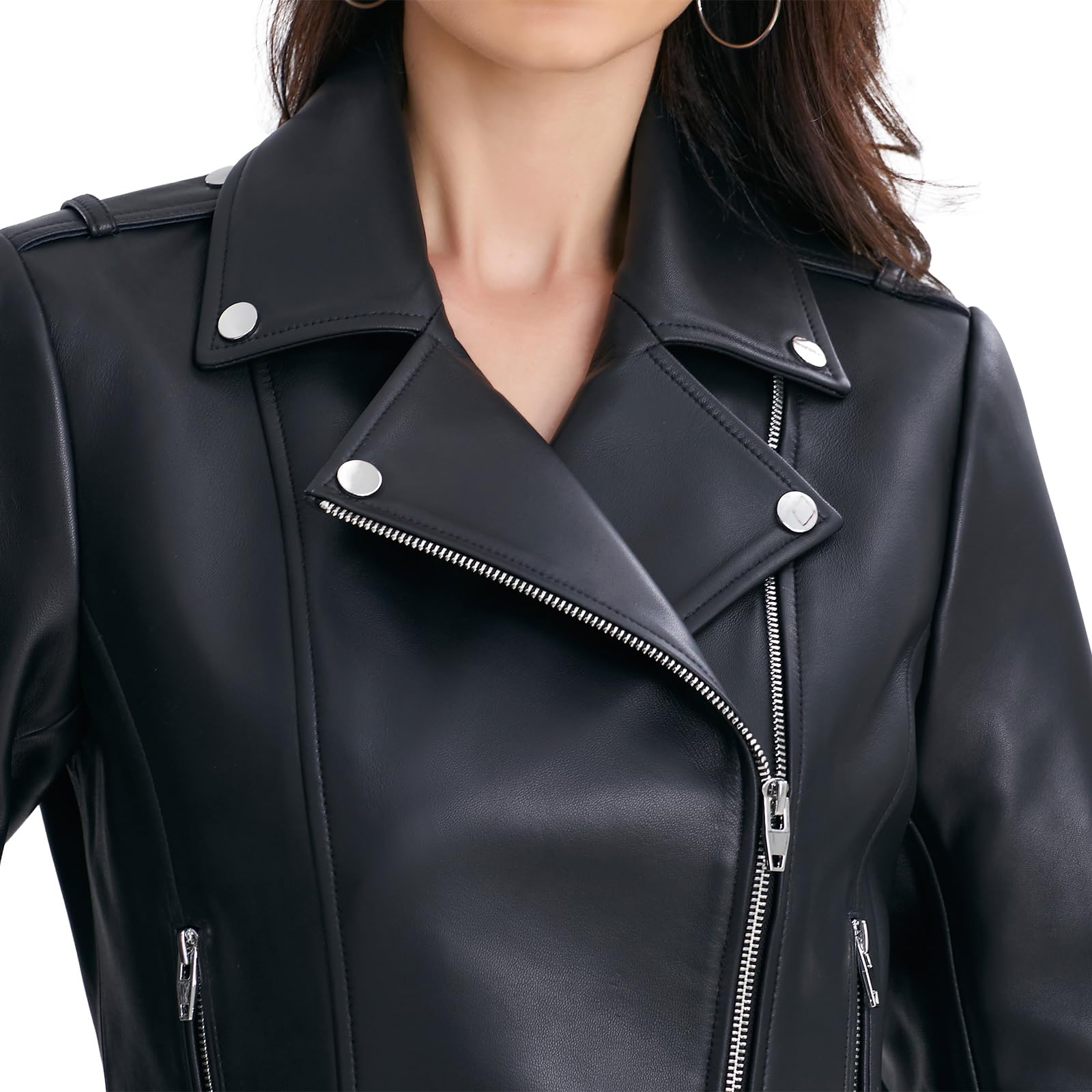 Genuine Lambskin Leather Jacket for Women - Stylish Motorcycle Jacket with Zip Front & Adjustable Belted Waist, Multiple Pockets - Perfect for Riding, Casual Outfits & Night Out