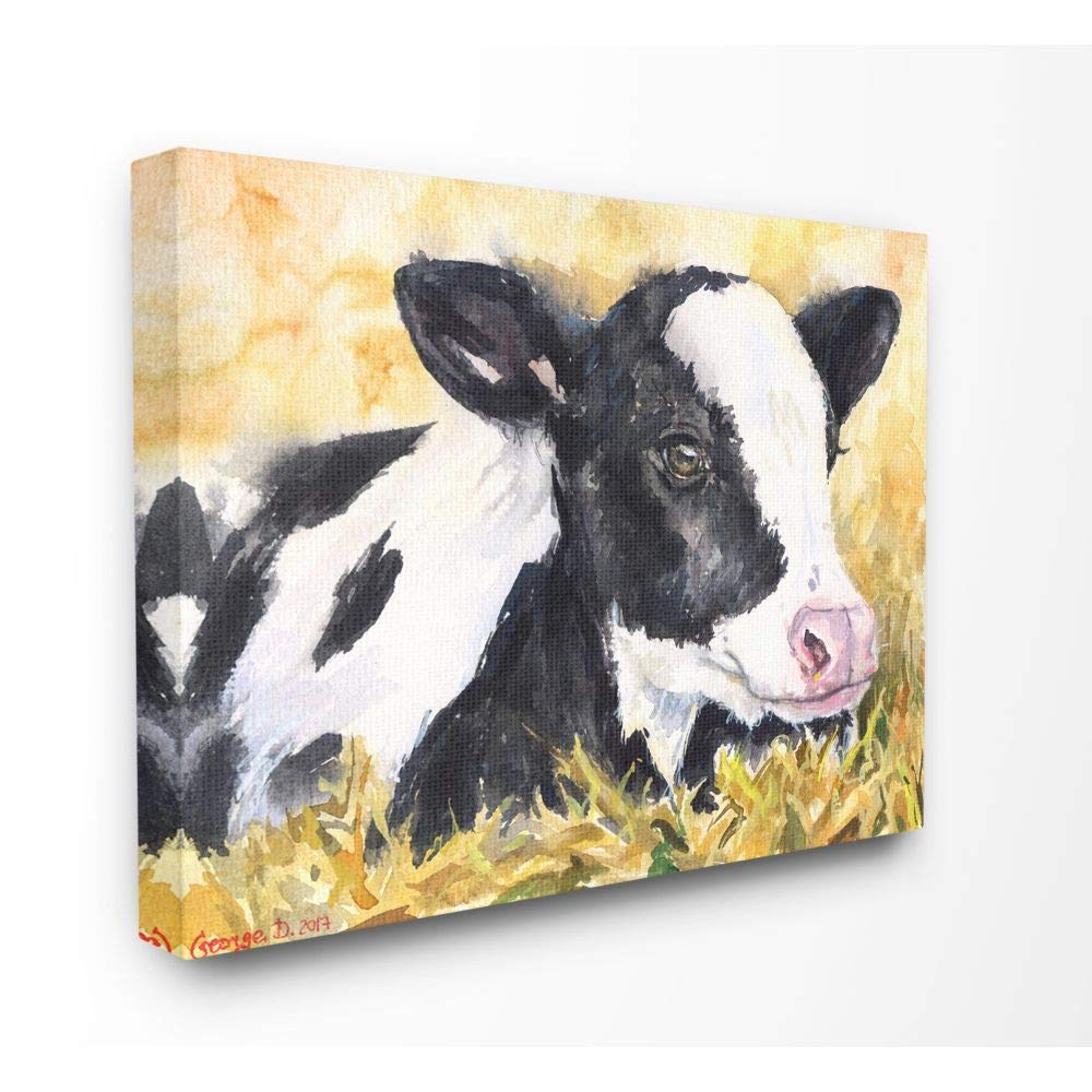 Stupell Industries Cute Baby Cow Animal Yellow Watercolor Painting - Nursery Wall Art, Kids Room Decor, Farmhouse Style Home Decor for Baby Shower Gift & Children's Bedroom
