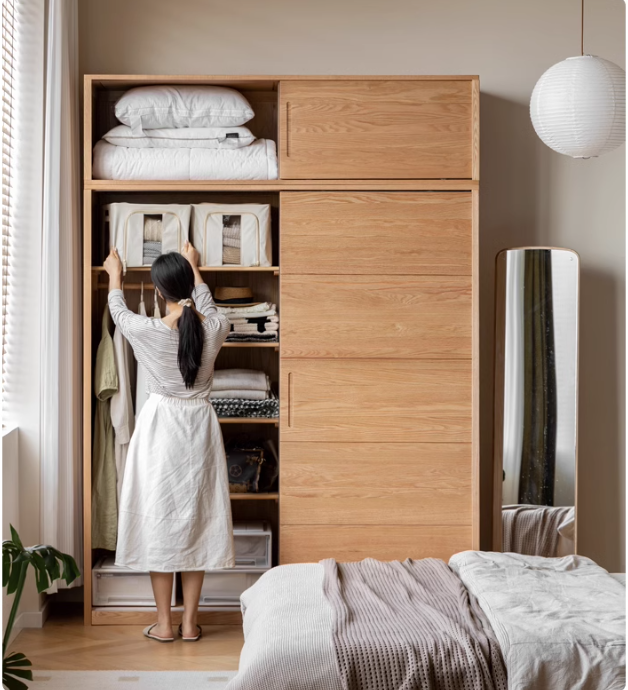 Solid Oak Wood Sliding Door Wardrobe Closet - Modern & Durable Storage for Bedroom, Living Room, or Walk-In Closet Organization