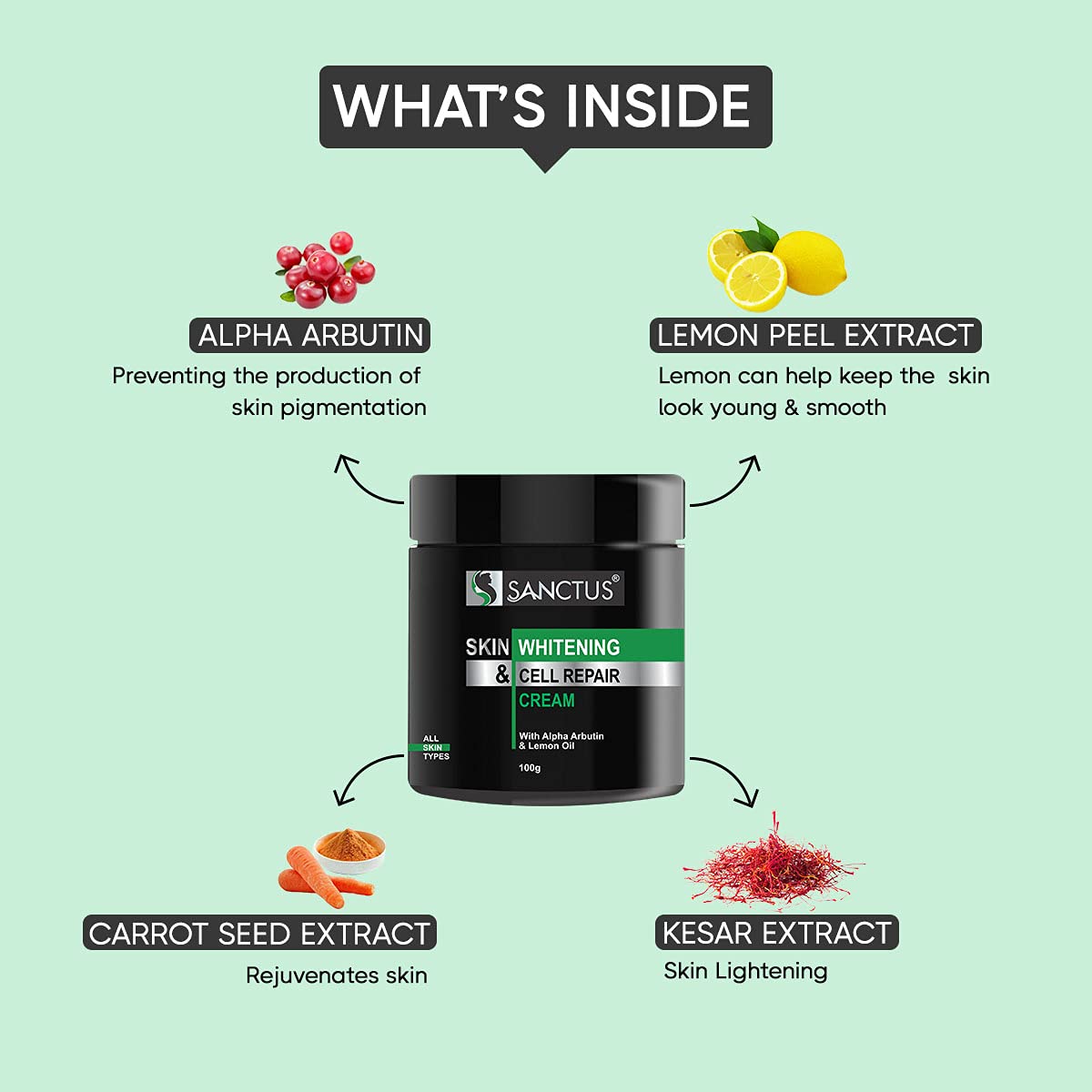 SANCTUS Skin Whitening & Cell Repair Face Cream - Lightweight Moisturizer for Oily, Acne-Prone Skin with Alpha Arbutin & Lemon Oil - Brightens & Evens Skin Tone (100g) - Perfect for Daily Skincare Routine & Nighttime Repair