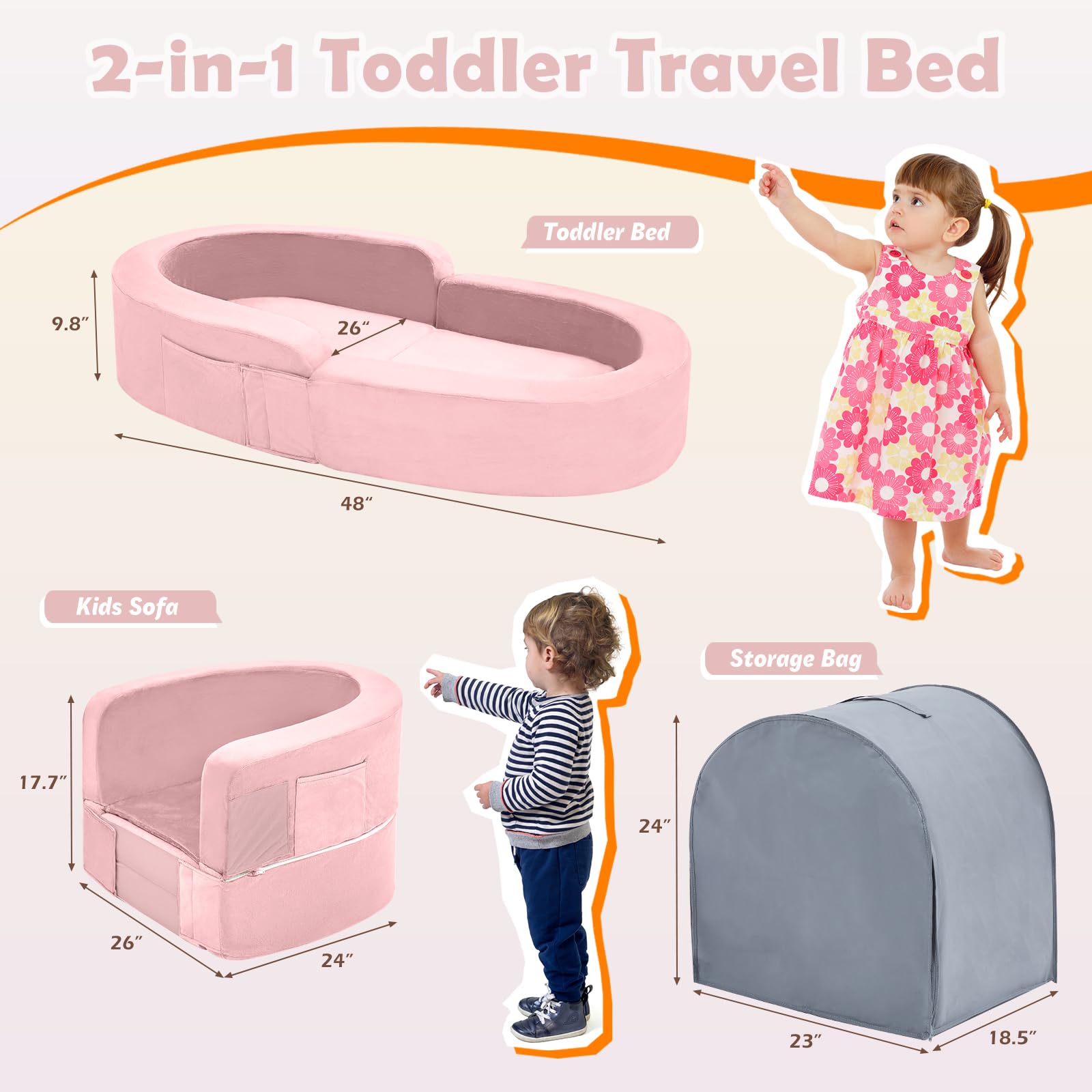 Portable Toddler Travel Bed - Foldable 2-in-1 Kids Sofa with Soft Foam & Washable Cover | Convertible Toddler Cot for Indoor & Outdoor Use | Perfect for Camping, Travel, Playdates & Sleepovers