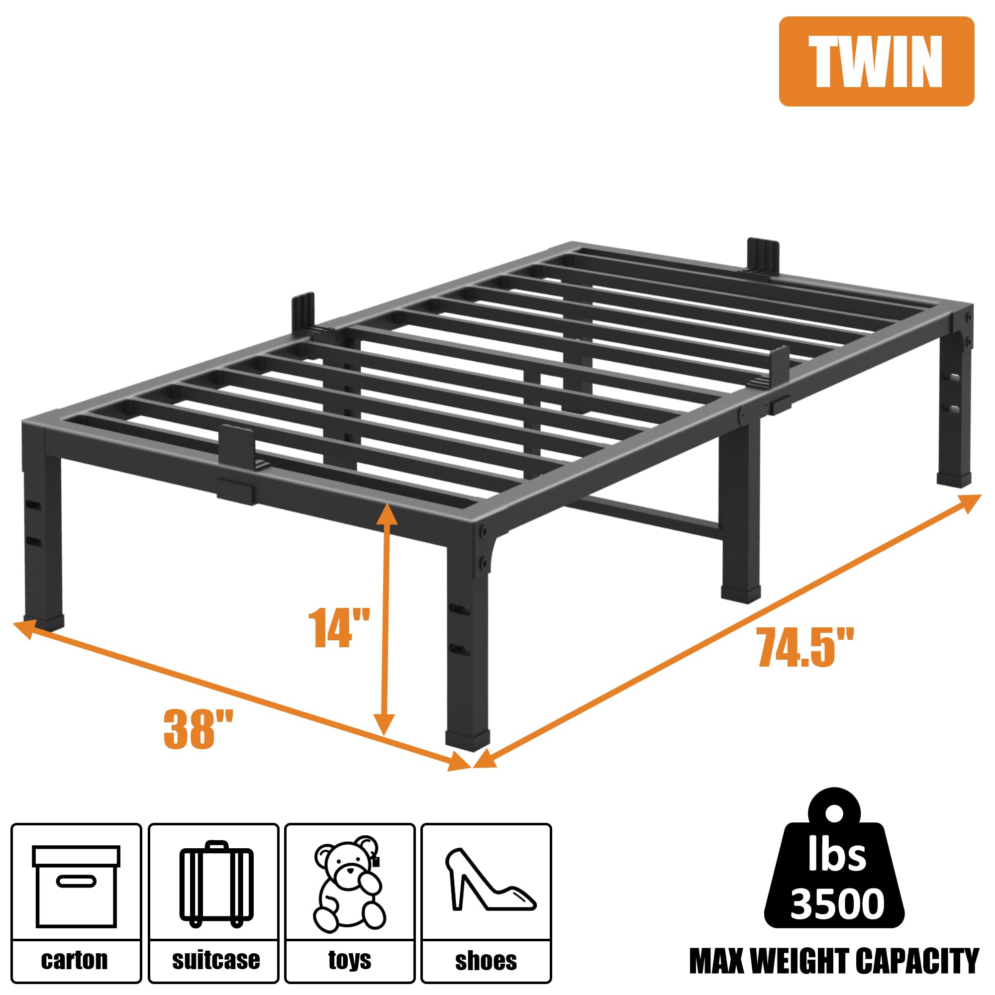 FUIOBYVV 14 Inch Heavy Duty Metal Twin Bed Frame - Supports Up to 3500 lbs, No Box Spring Needed, Sturdy Steel Slat Design, Noise Free & Easy Assembly - Perfect for Kids Rooms, Guest Beds & Small Spaces