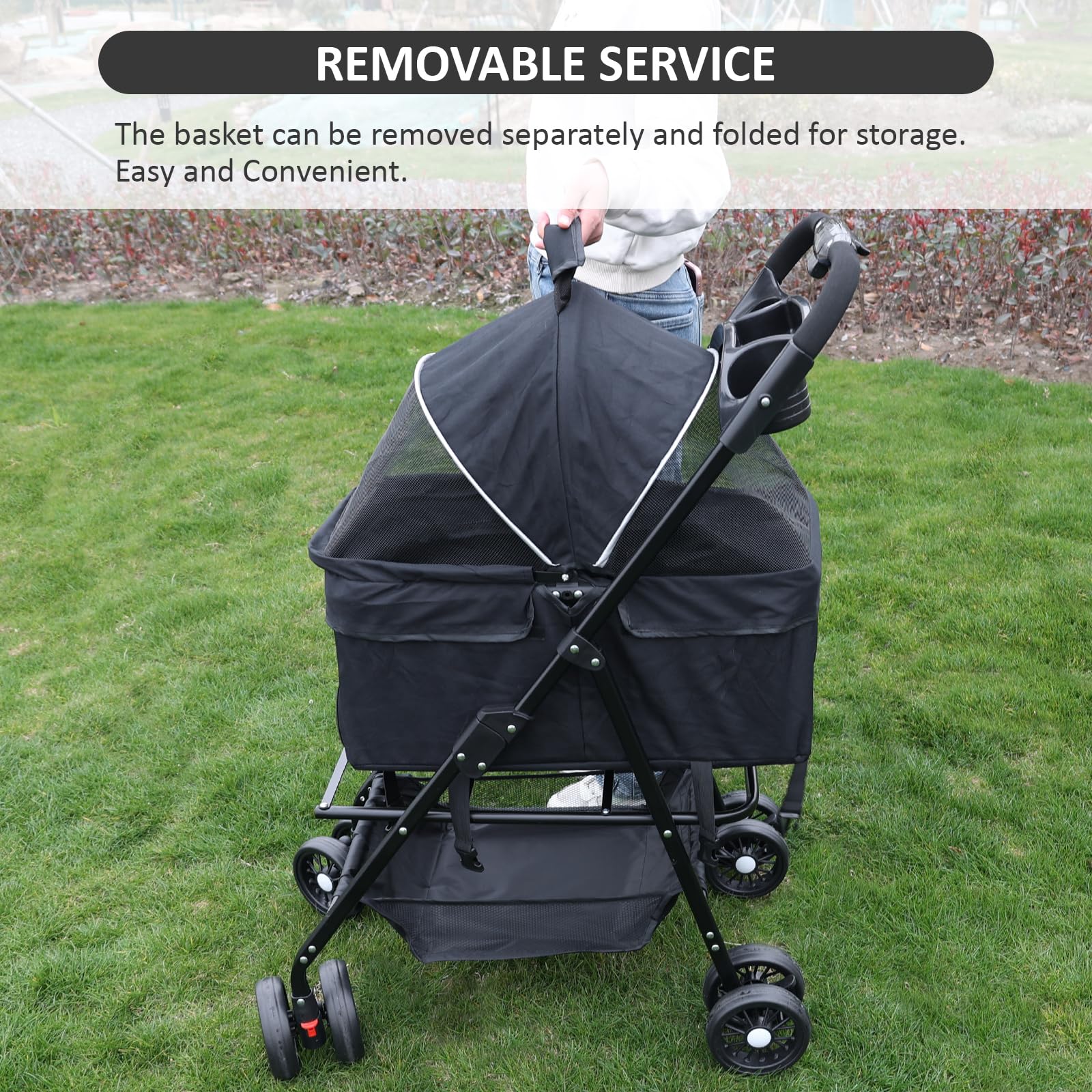 Premium 4-Wheel Pet Stroller for Small & Medium Dogs & Cats Up to 30lbs - Foldable Design with Storage Basket & Cup Holder (Black) - Perfect for Vet Visits, Shopping Trips & Outdoor Adventures