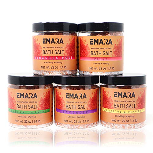 EMARA 5-Piece Luxury Bath Salt Spa Gift Set - Himalayan Pink & Dead Sea Salt, Mineral Rich Natural Bath Soak for Relaxation & Better Sleep (Peony, Jasmine, Rose, Lavender, Eucalyptus, Peppermint) - 7lb Bulk - Perfect for Home Spa, Self-Care Gifts & Stress Relief