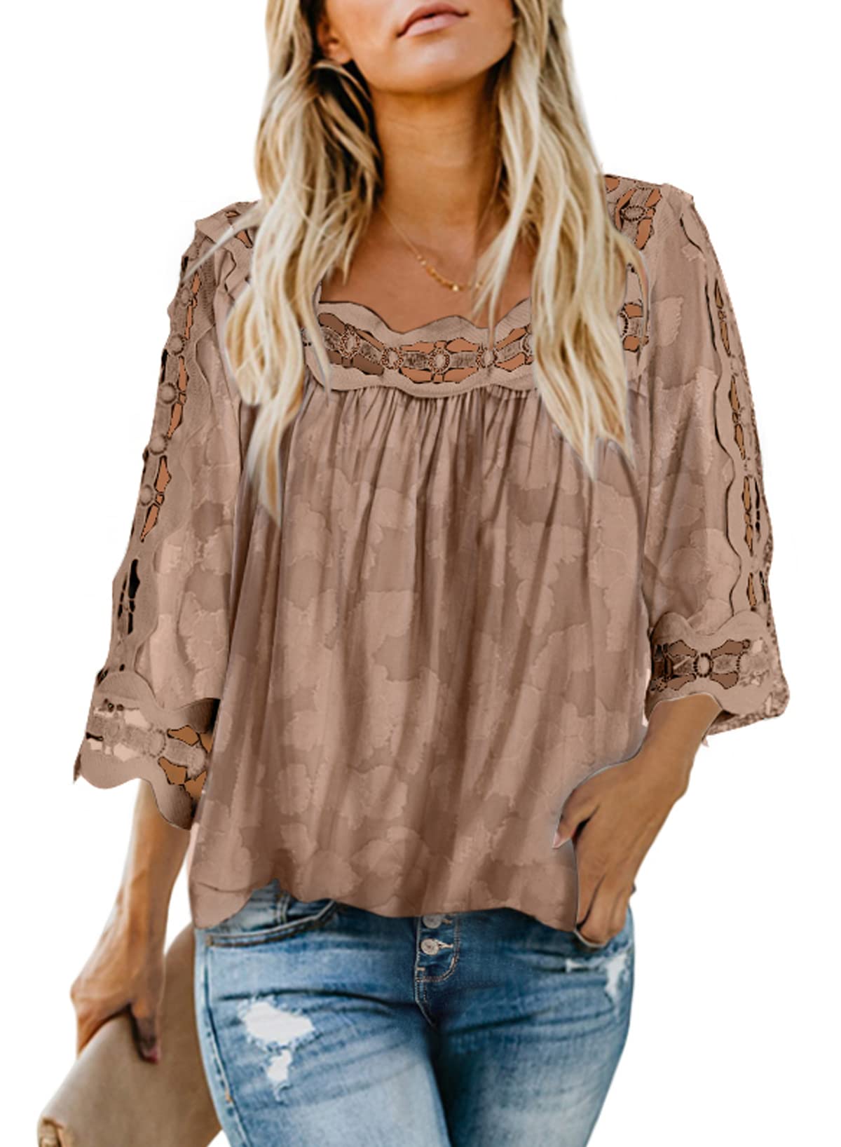 Dokotoo Women's 3/4 Sleeve Lace Crochet Blouse - Flowy Square Neck Solid Color Summer Top for Casual Wear, Date Night & Office Outfits