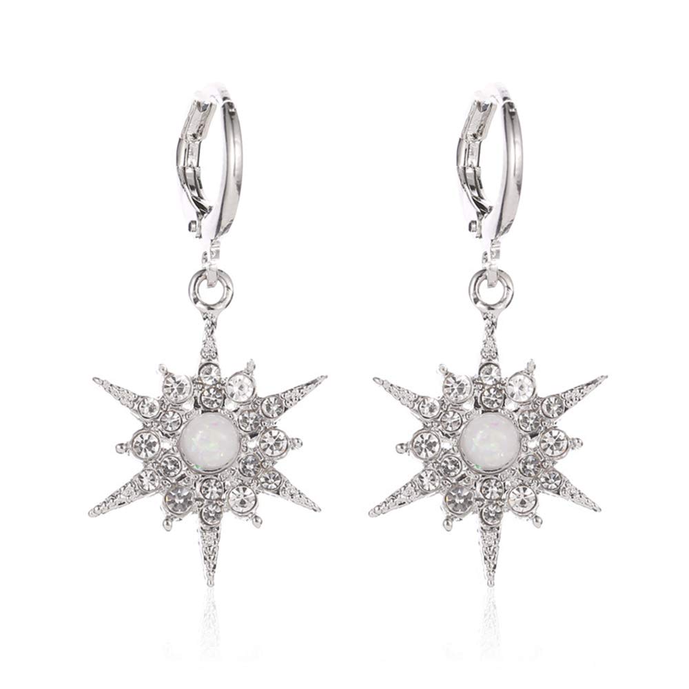 D.Rosse Fashion Silver Crystal Sun Star Snow Dangle Hoop Earrings for Women & Girls - Cartilage Drop Jewelry with Rhinestones | Perfect for Parties, Weddings & Everyday Wear