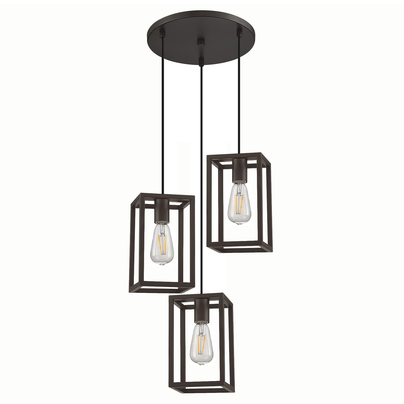 3-Light Adjustable Rustic Farmhouse Pendant Lighting Fixture with Metal Cage - Oil Rubbed Bronze Finish for Kitchen Island, Cafe & Bar | Perfect for Dining Areas, Breakfast Nooks & Commercial Spaces