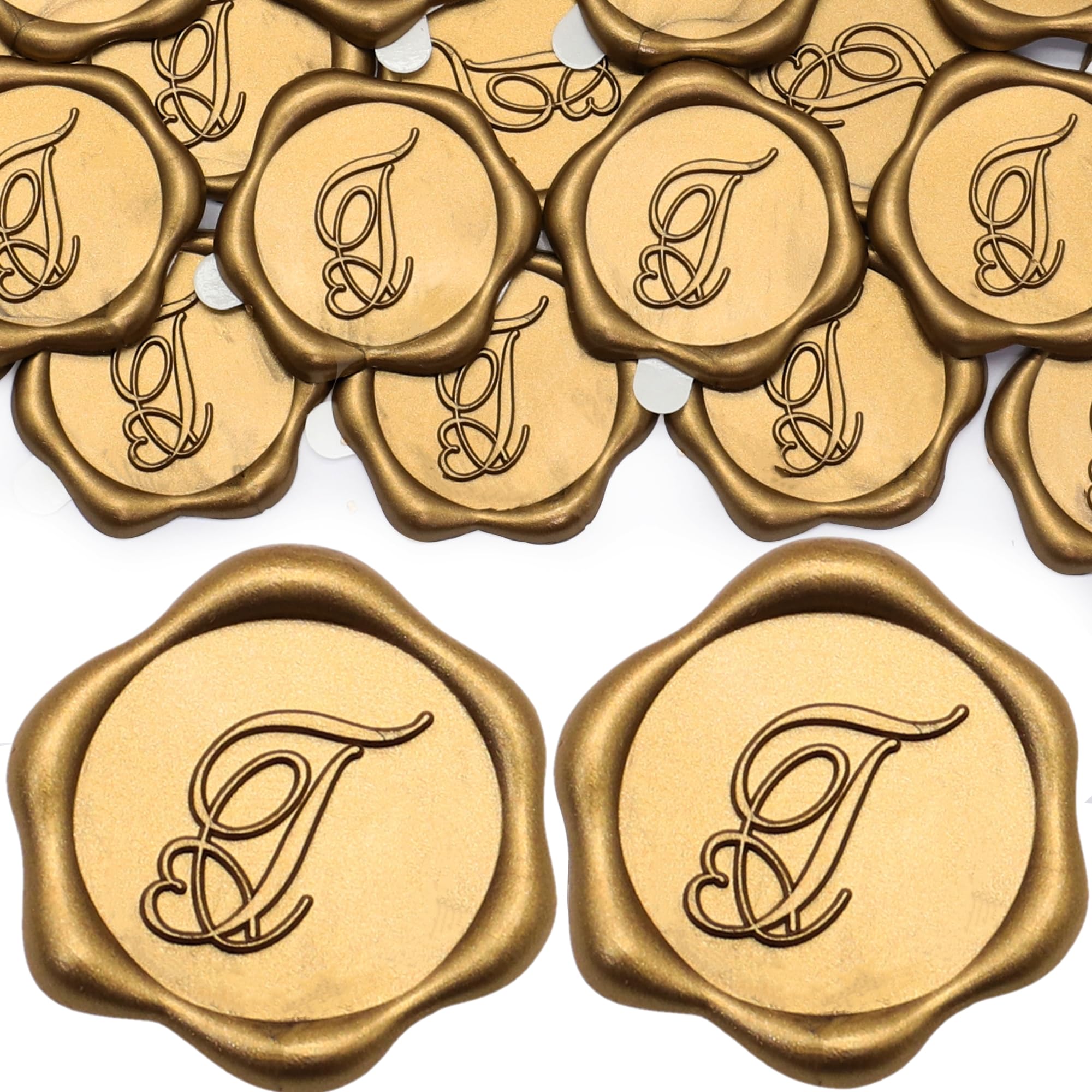 SWANGSA 50 Pack Letter T Wax Seal Stickers - Antique Gold Heart Design Initial Adhesive Wax Stickers for Wedding Invitations, Party Favors, Envelope Sealing & Vintage Decor | Perfect for DIY Crafts, Scrapbooking & Romantic Stationery