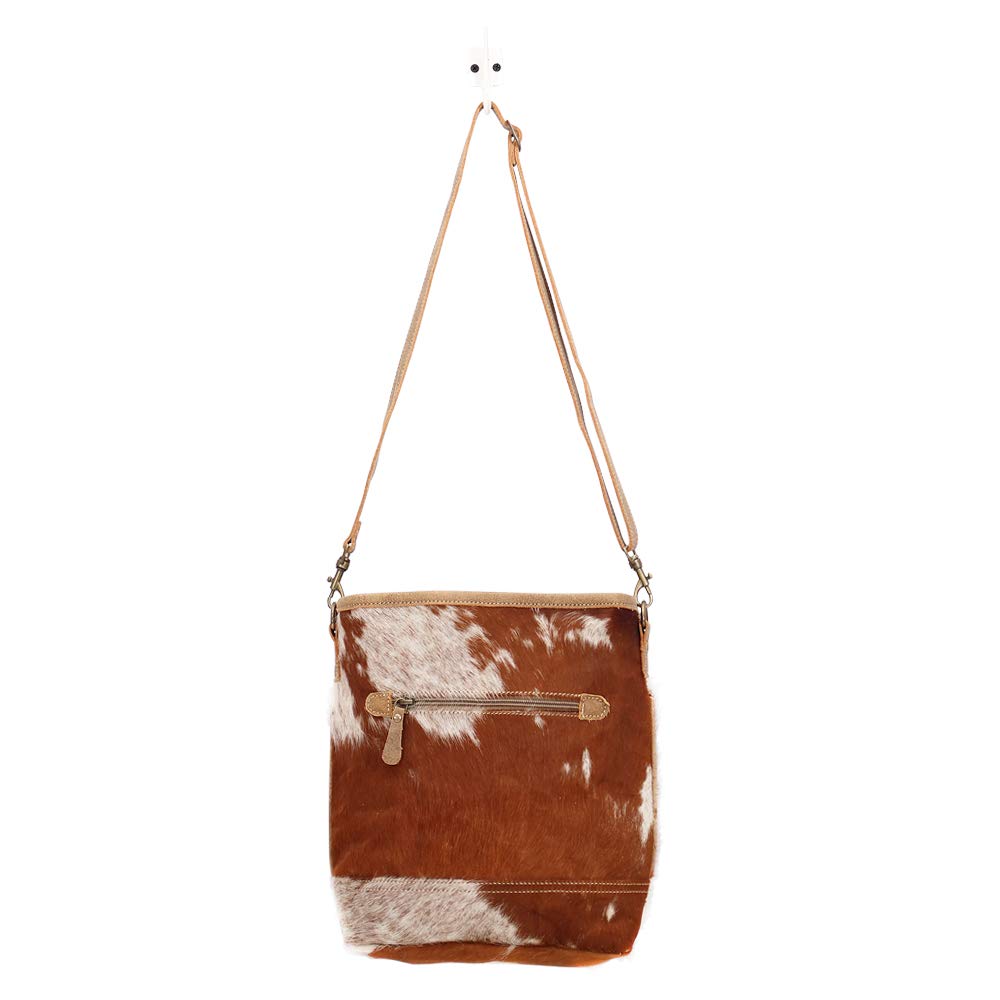 Myra Bag Nut Brown Upcycled Canvas & Cowhide Shoulder Bag S-1463 - Eco-Friendly Vegan Leather Crossbody Purse for Women, Perfect for Work, Travel & Everyday Use