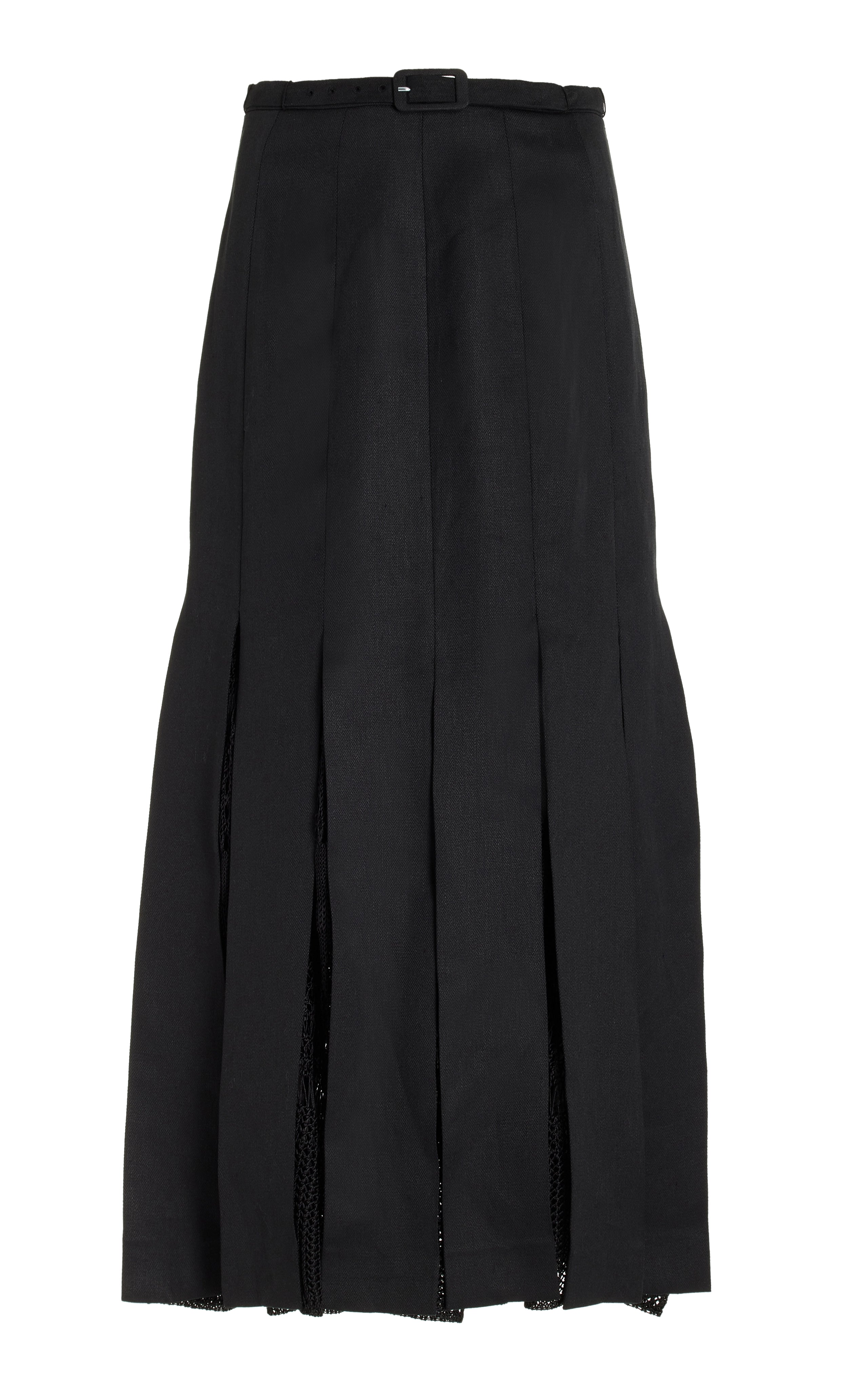 Edith Pleated Midi Skirt - Black Textured Linen A-Line Skirt for Women | Office Wear, Casual Outfits & Summer Dresses