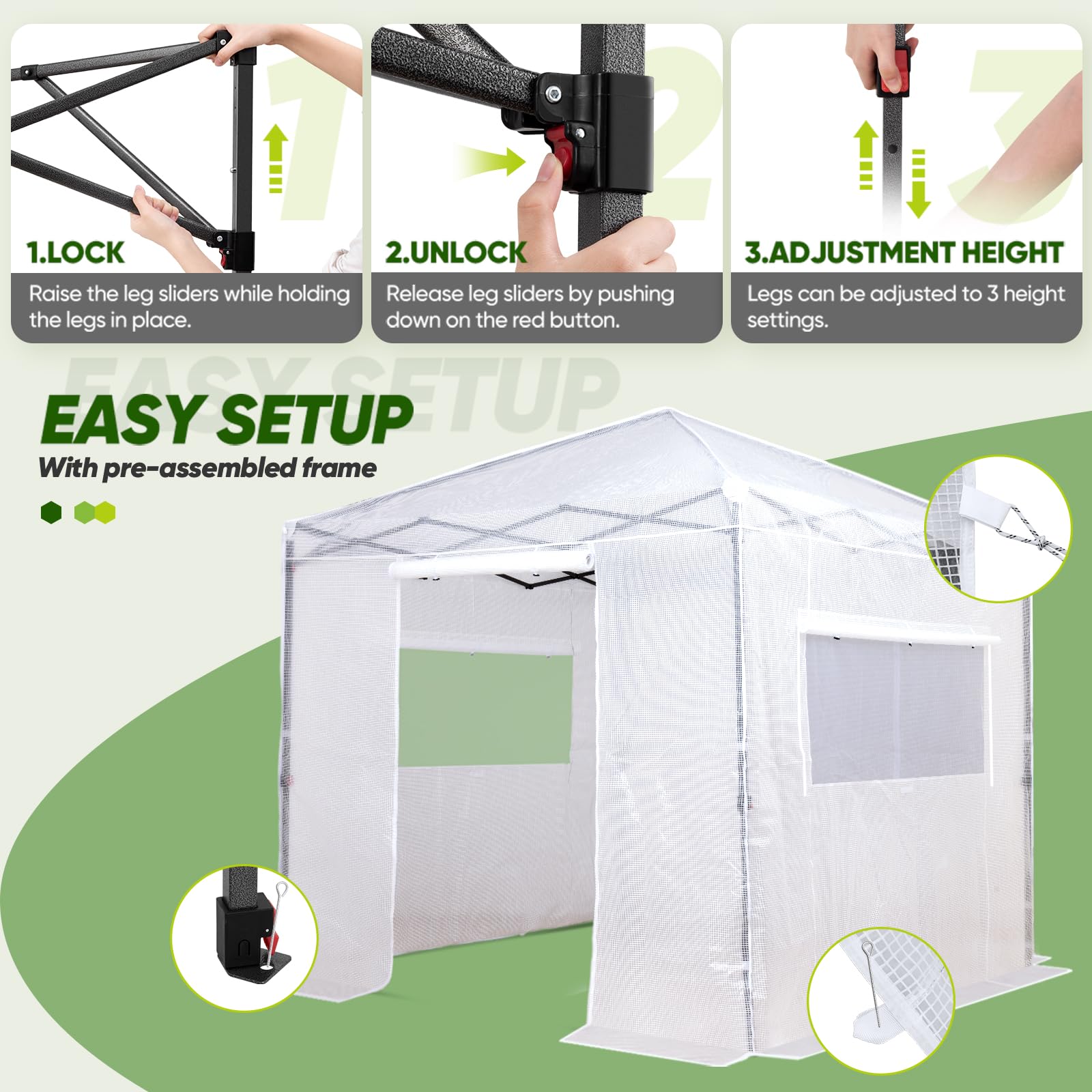 EAGLE PEAK 8x8 Portable Walk-in Greenhouse - Pop Up Indoor Outdoor Garden Plant Greenhouse with Zippered Doors & Windows, PE Cover - Perfect for Gardening, Seed Starting & Plant Protection (White)