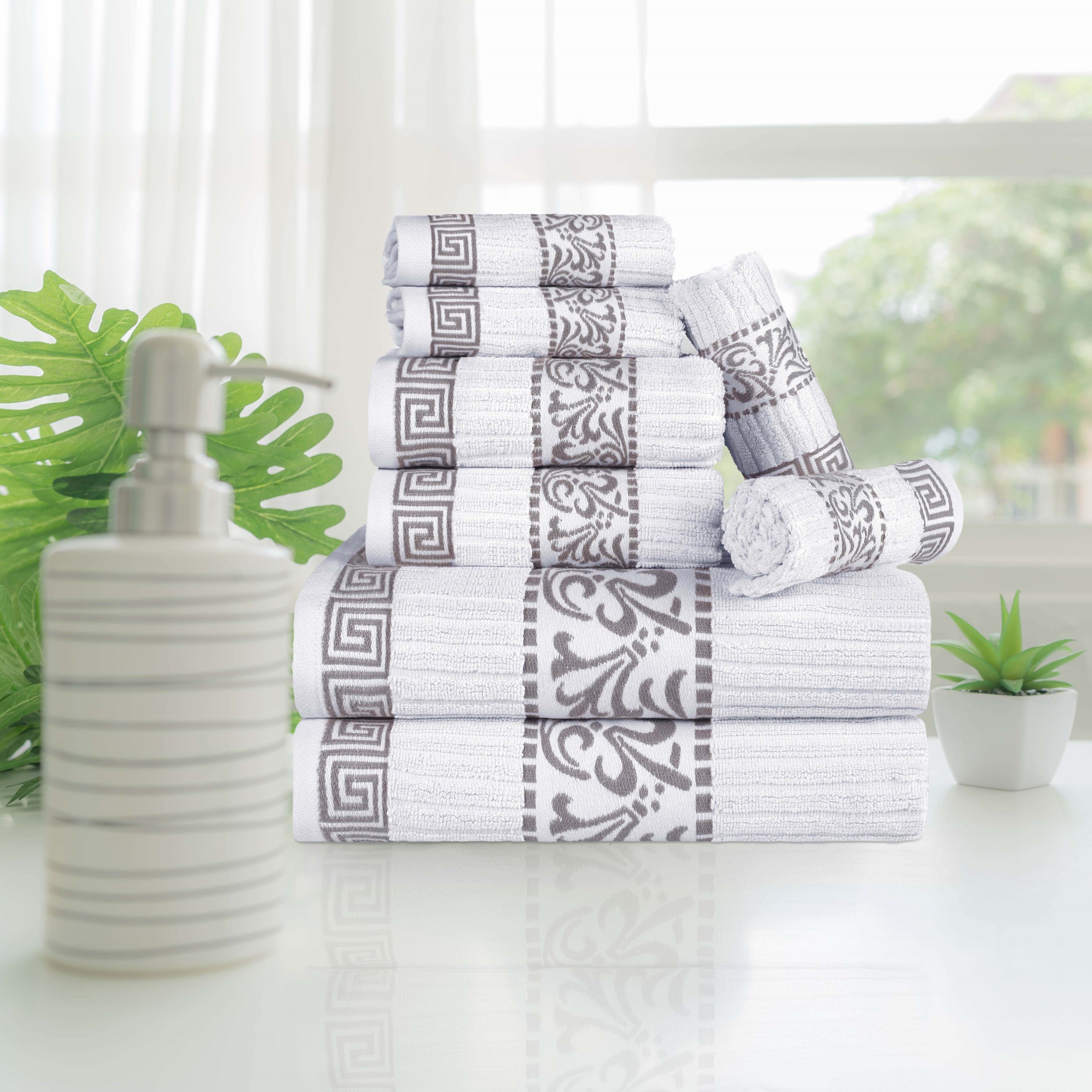 Premium 8-Piece Cotton Towel Set with Greek Scroll & Floral Design - Soft Bath Towels for Spa, Guest Bathroom & Luxury Home Decor