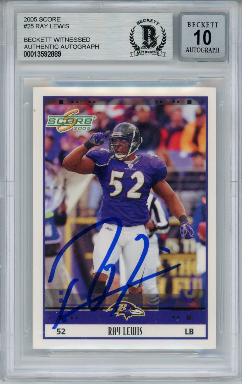 Ray Lewis Autographed 2005 Score #25 Trading Card - Beckett 10 Slab - Rare Collectible for Football Fans & Sports Memorabilia Enthusiasts - Perfect for Display, Investment, and Gifting